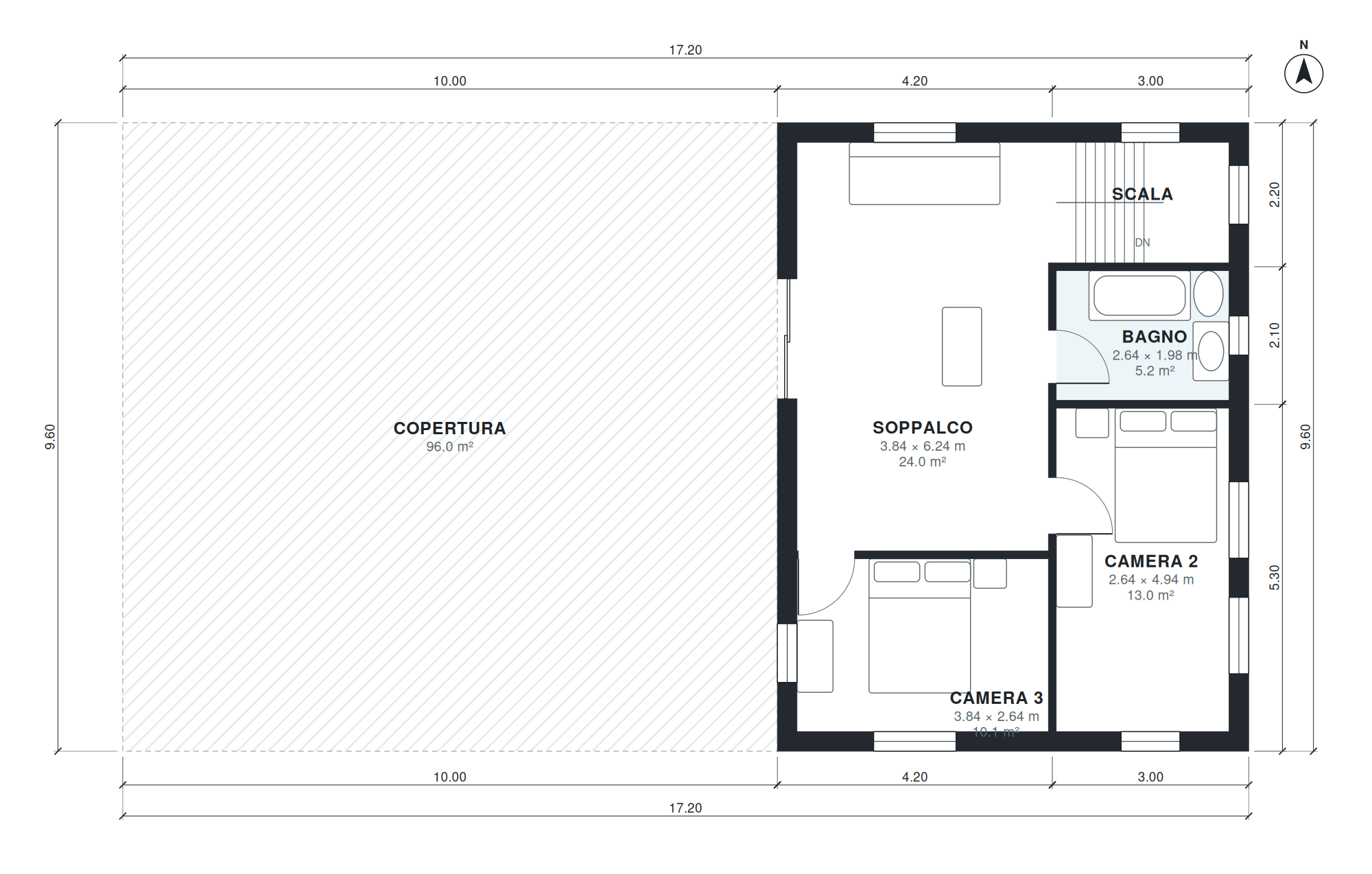 Pianta casa 3 camere 187 mq su due piani con garage con soppalco (Piano 2)