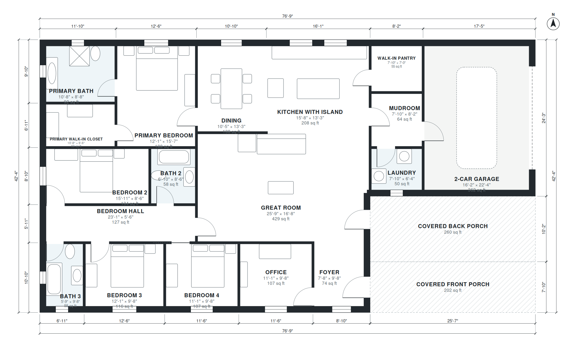 single-storey 4-bedroom floor plan, about 2,365 sq ft, generated by AI from the brief "Modern farmhouse, 4 bedrooms, 3 baths, big kitchen island with walk-in pantry, great room, office, mudroom off 2-car garage, covered front and back porch, about 2,700 sq ft, one story." with labeled rooms, room sizes, doors, windows and overall dimensions