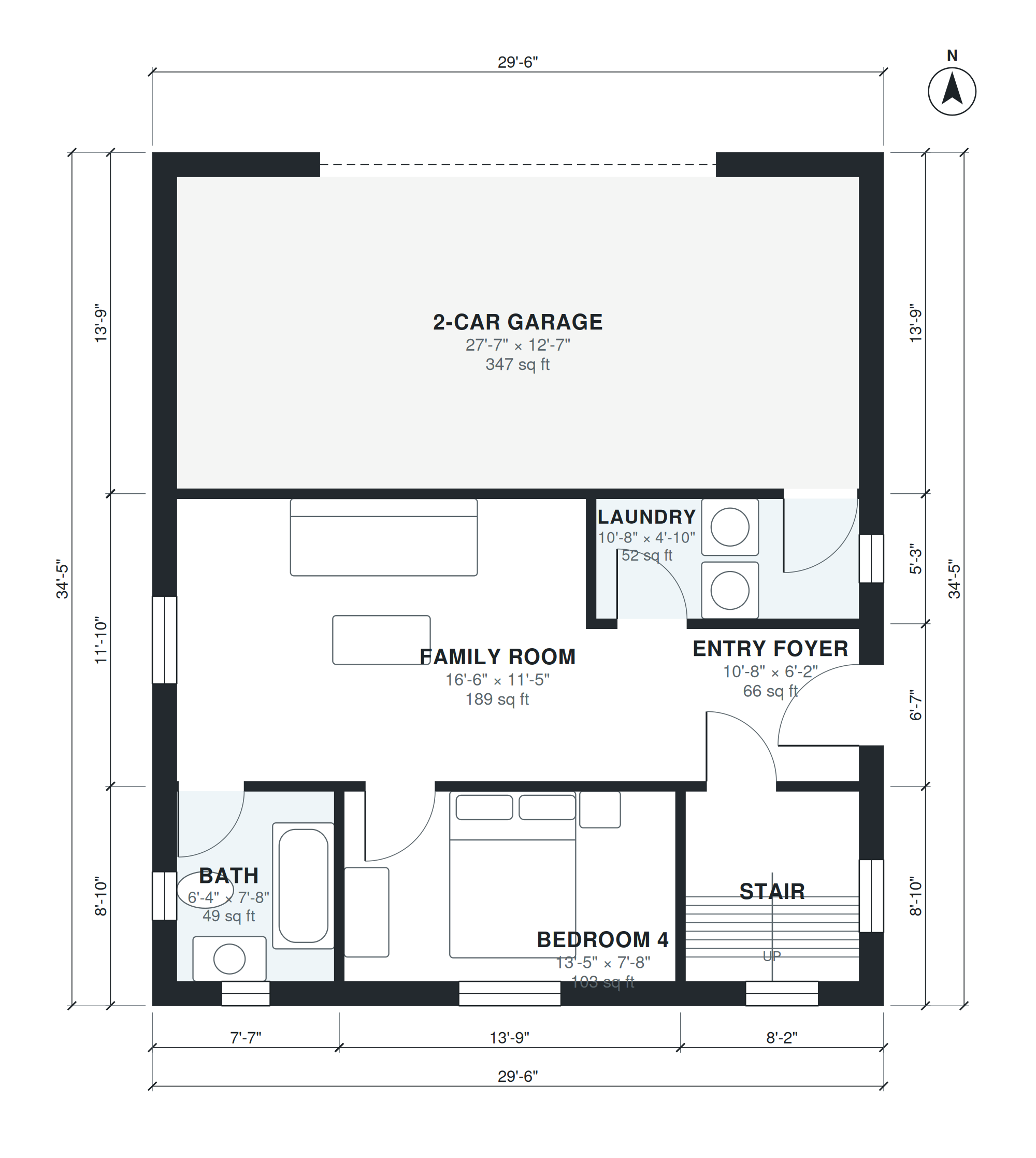 modern split level house plans — dimensioned floor plan, level 1