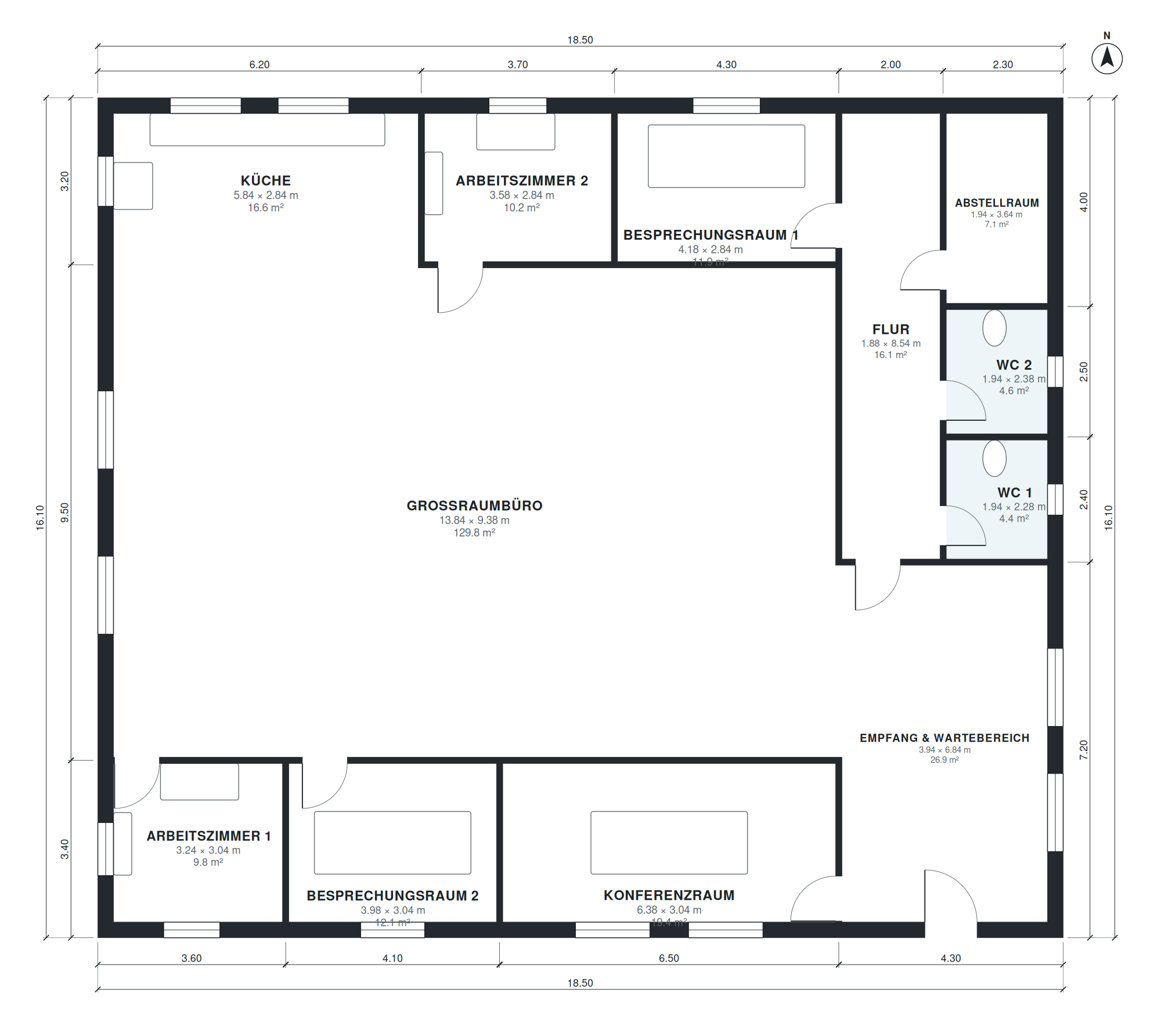 Grundriss kleines Büro 298 m² mit Besprechungsräumen