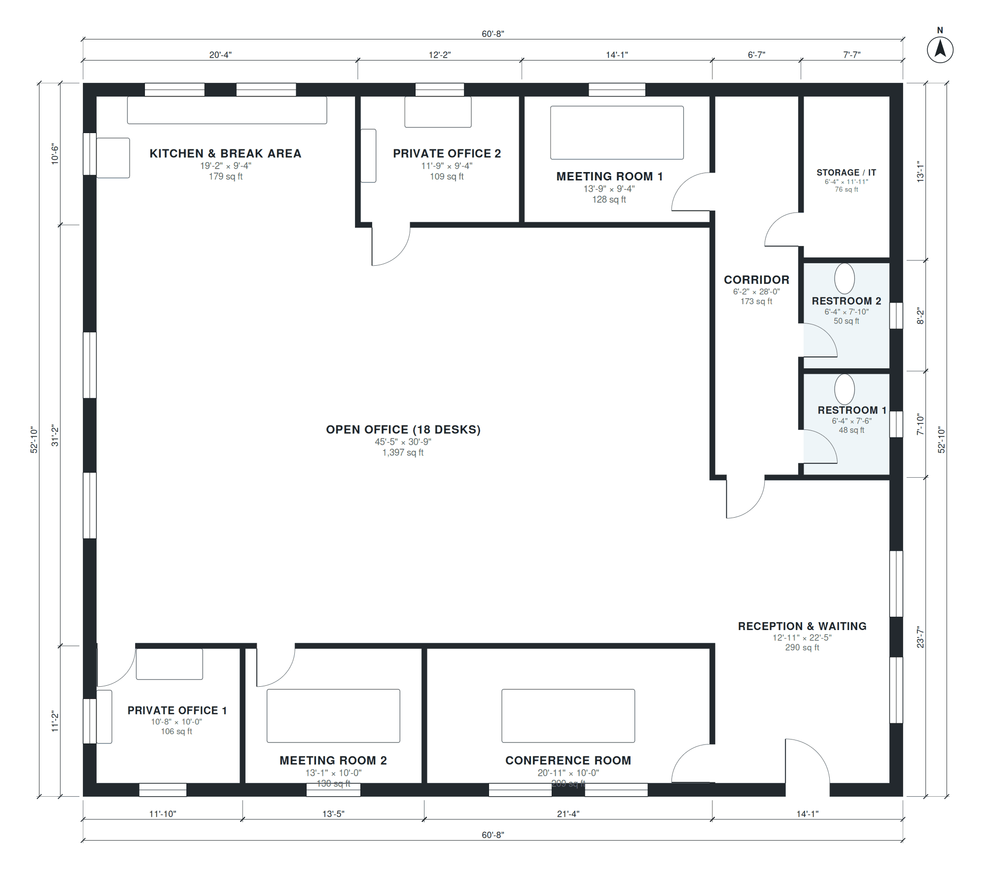 single-storey floor plan, about 3,206 sq ft, generated by AI from the brief "Small office for 20 people: reception, open office, 3 meeting rooms, 2 private offices, kitchen, 2 restrooms, storage, about 3,200 sq ft." with labeled rooms, room sizes, doors, windows and overall dimensions