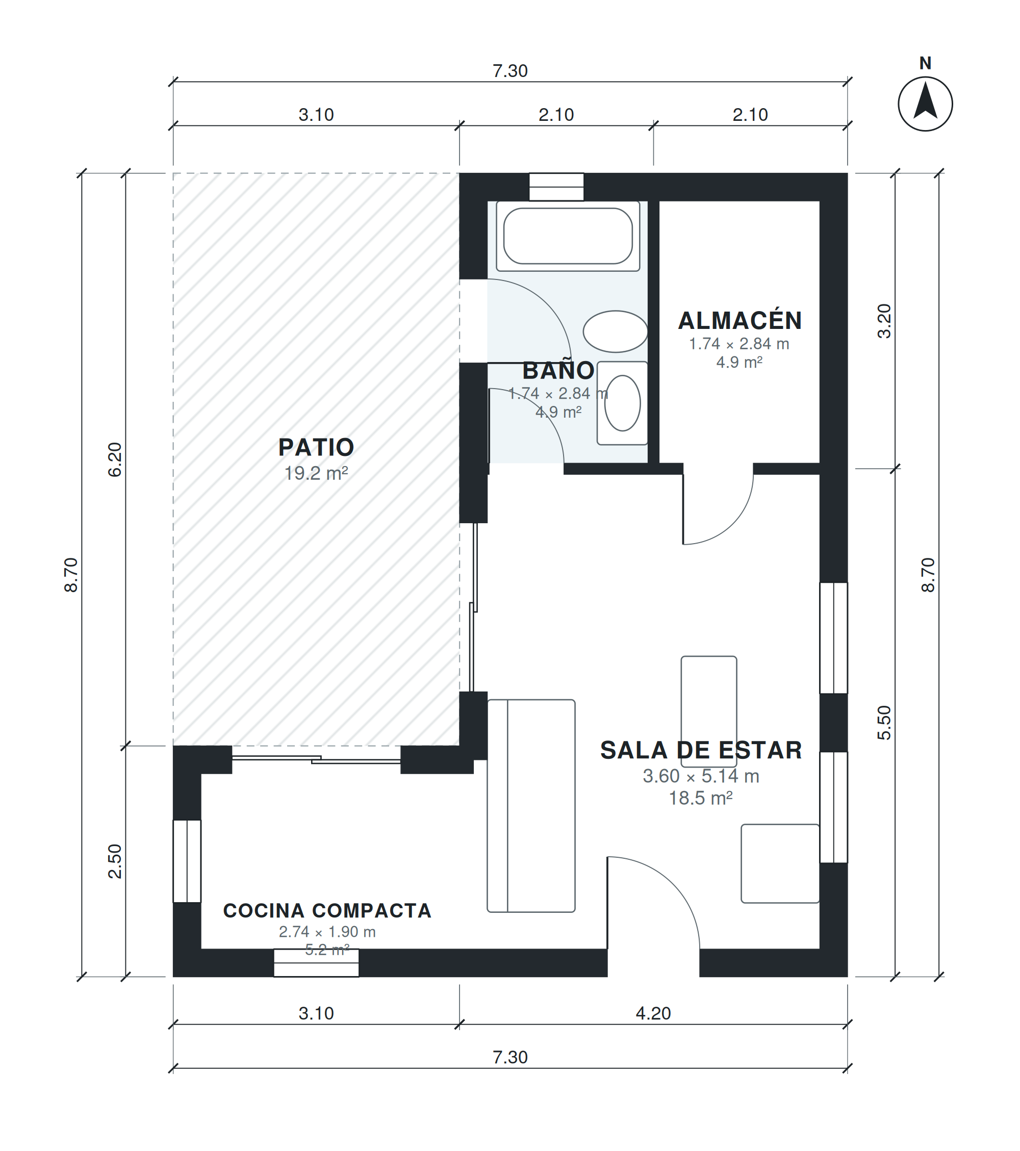 Plano de casa de piscina 44 m2 de una planta