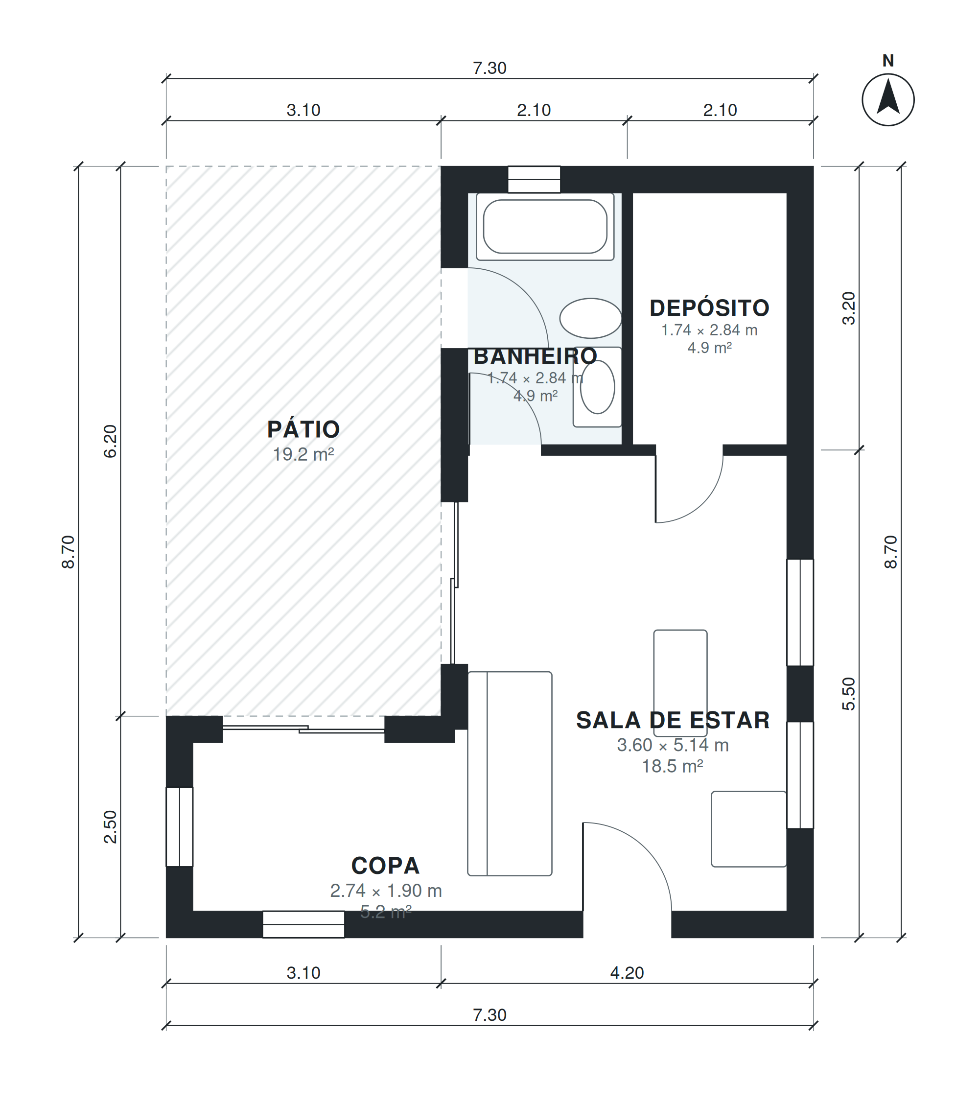 Planta de casa de apoio para piscina 44 m2 térrea