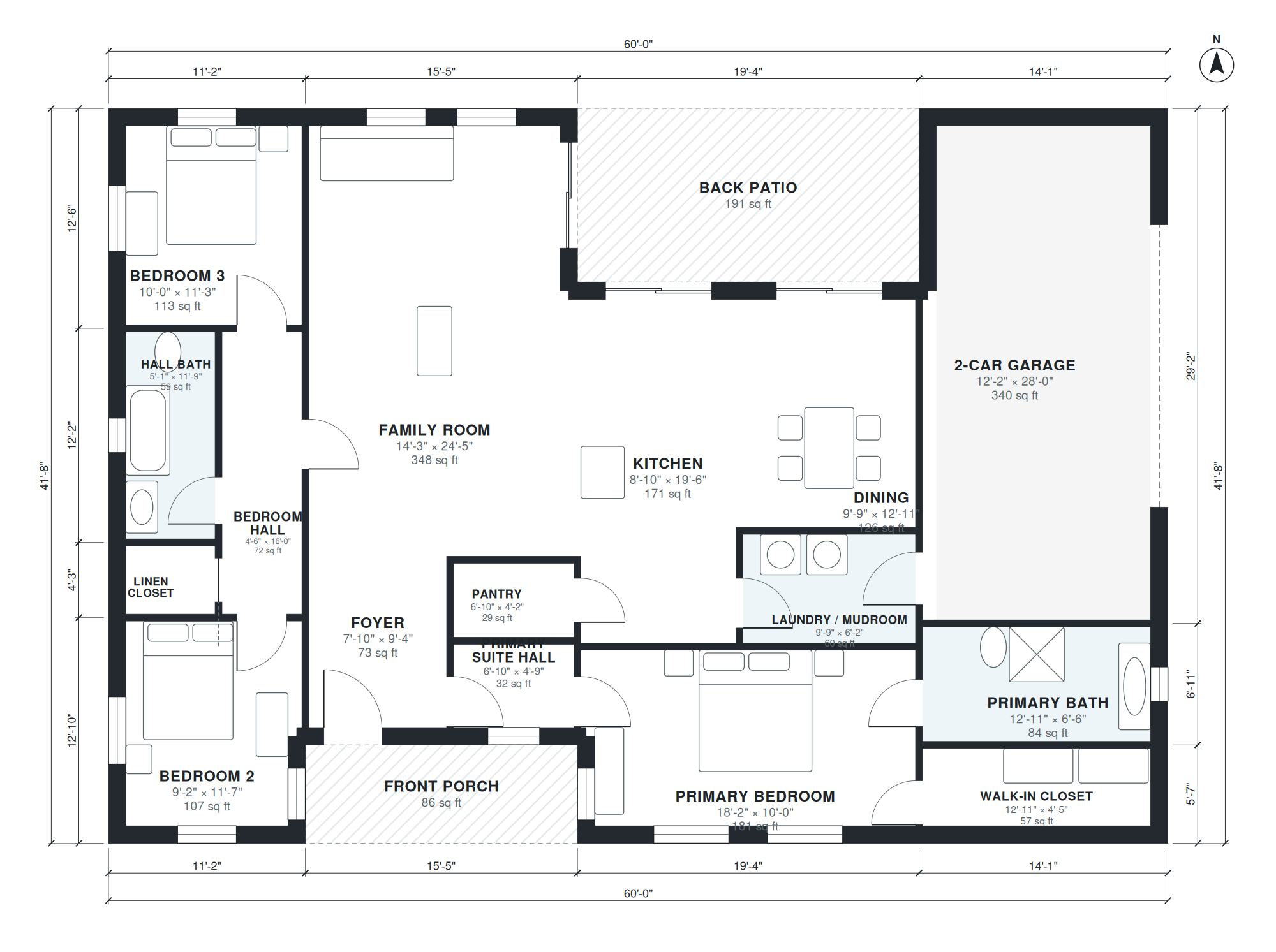 single-storey 3-bedroom floor plan, about 1,813 sq ft, generated by AI from the brief "Classic ranch house, 3 bedrooms, 2 baths, split bedroom layout, open kitchen and family room, laundry, 2-car garage, back patio, about 1,800 sq ft." with labeled rooms, room sizes, doors, windows and overall dimensions