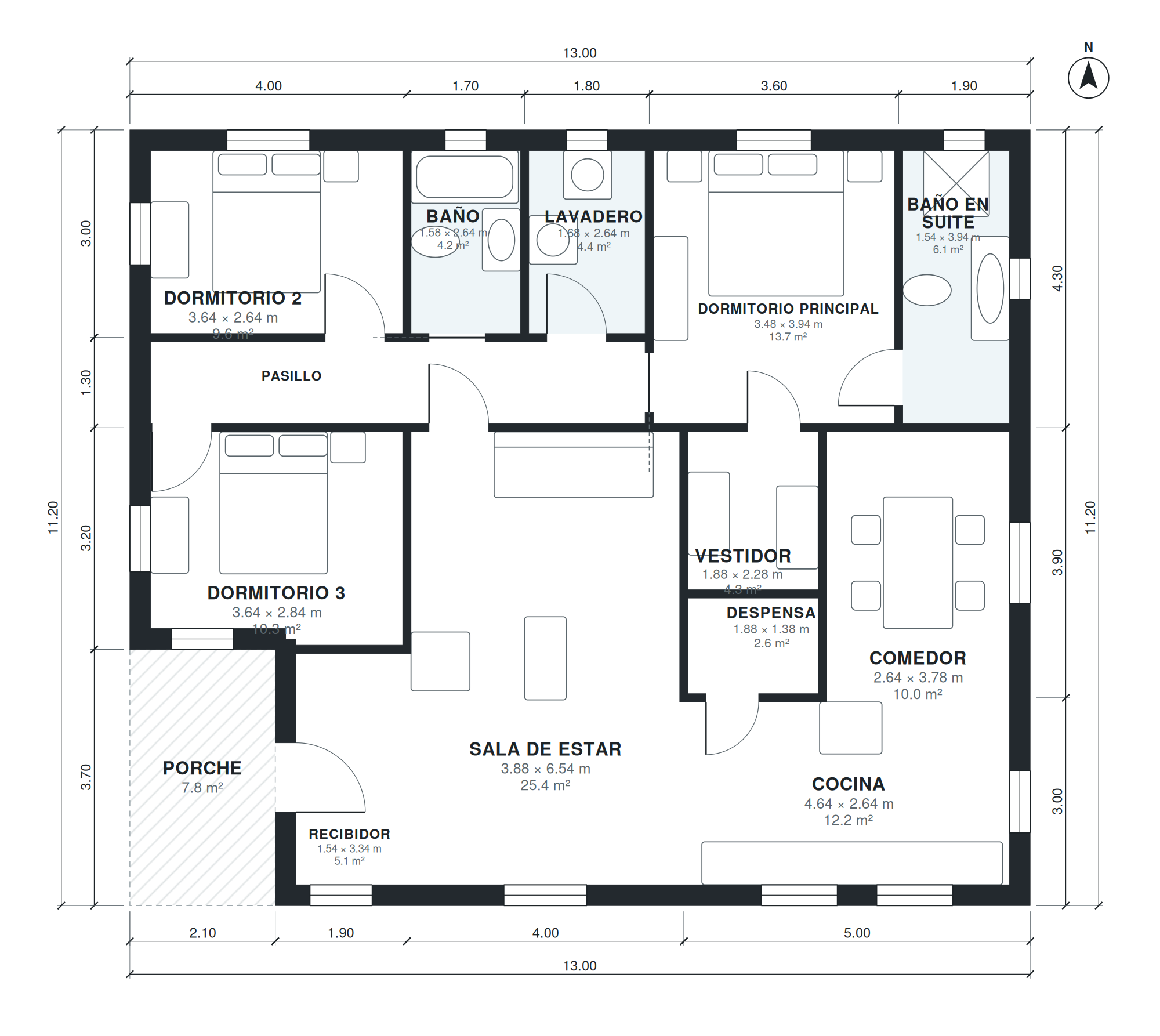 Plano de casa de 3 dormitorios 138 m2 de una planta
