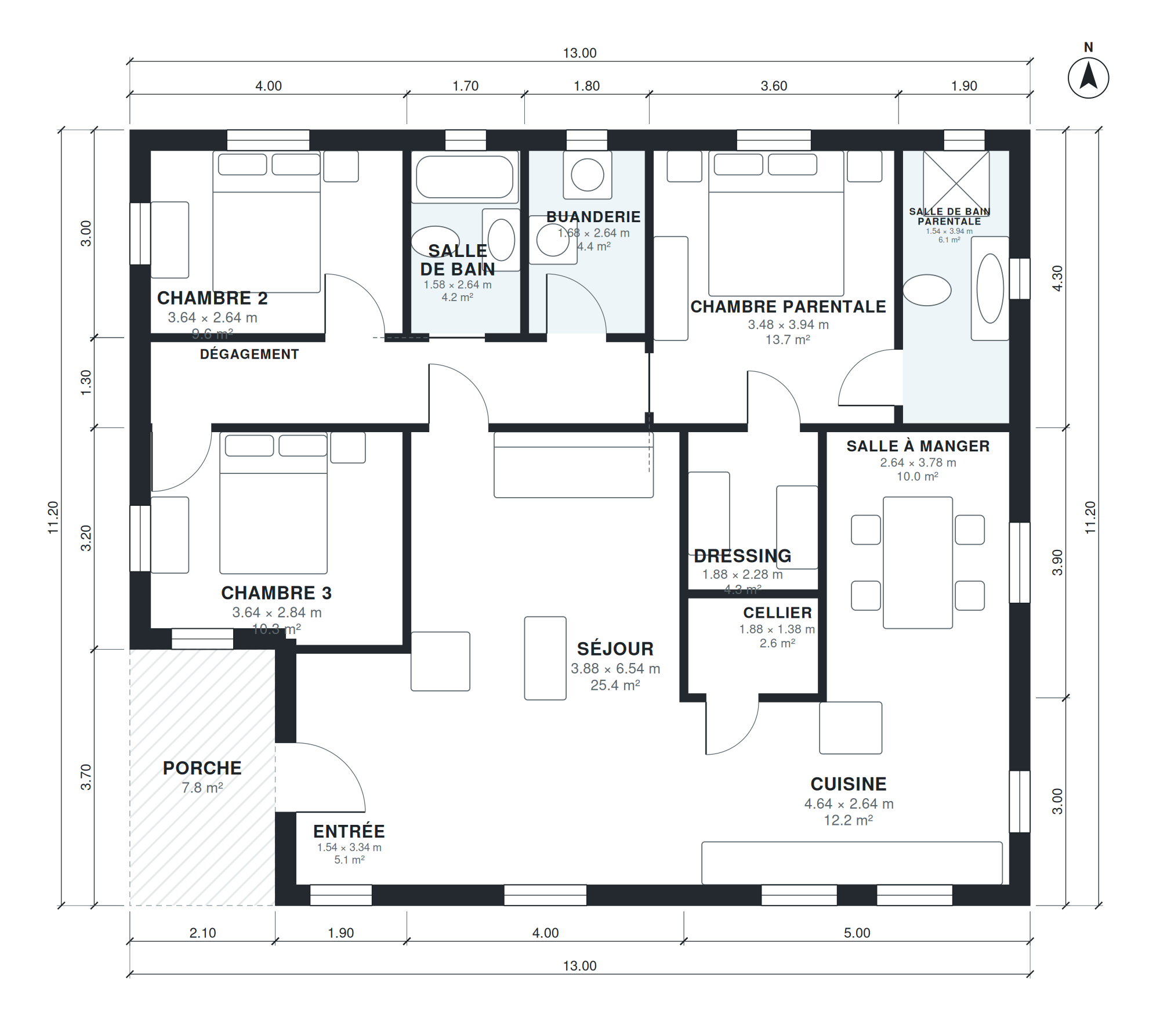 Plan maison 3 chambres 138 m2 plain-pied