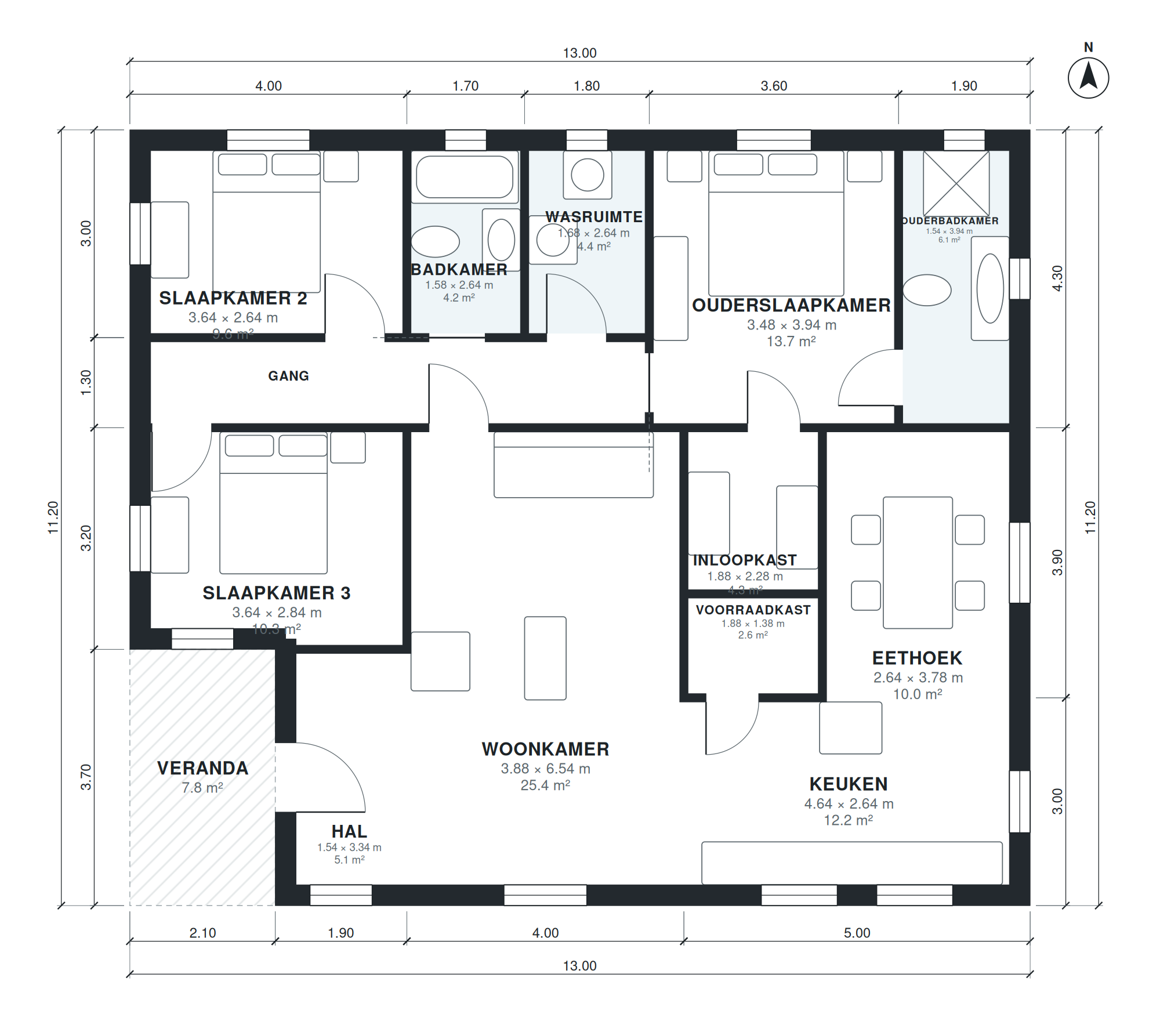 Plattegrond gelijkvloerse woning 3 slaapkamers 138 m2