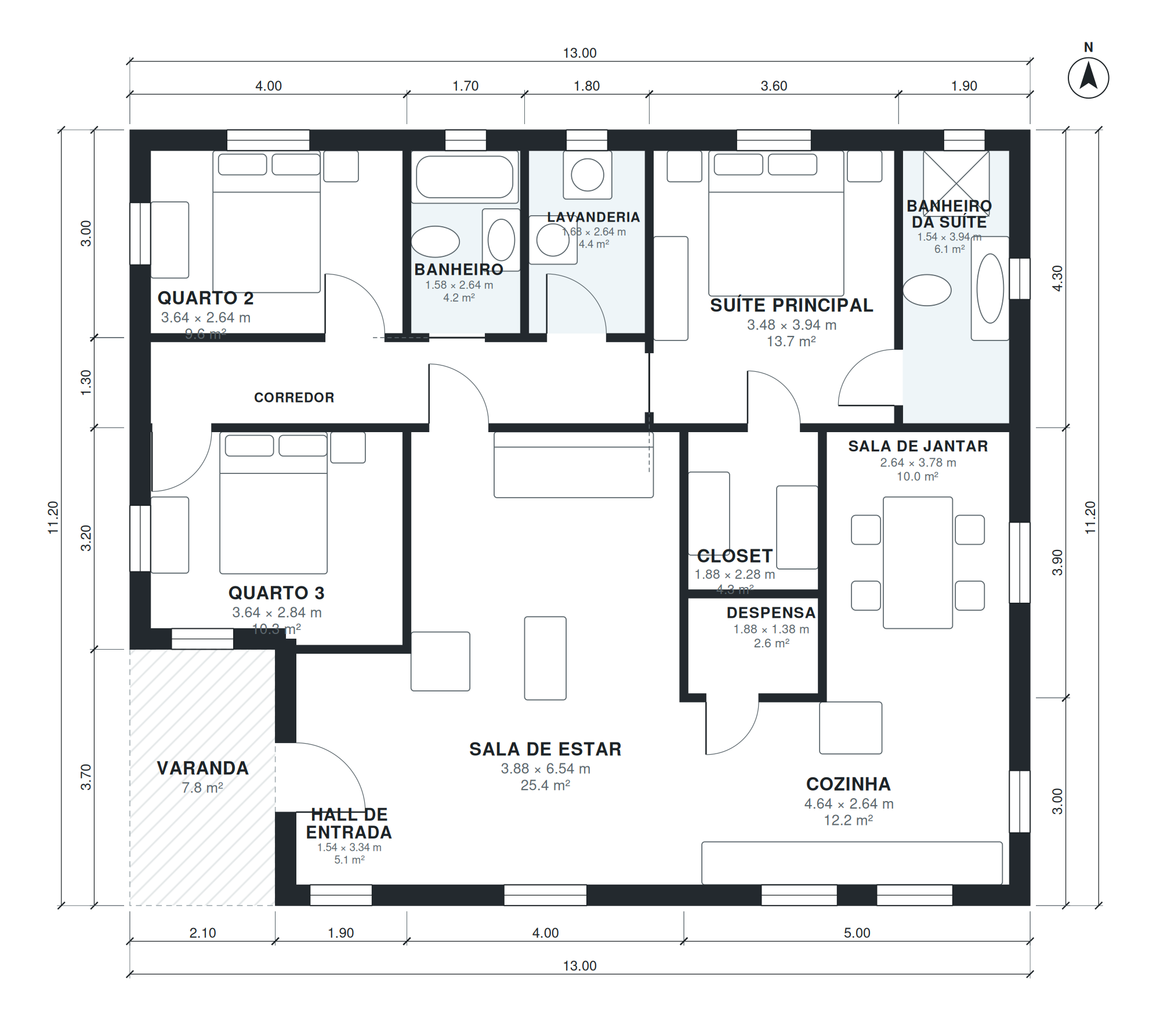 Planta de casa com 3 quartos 138 m2 térrea