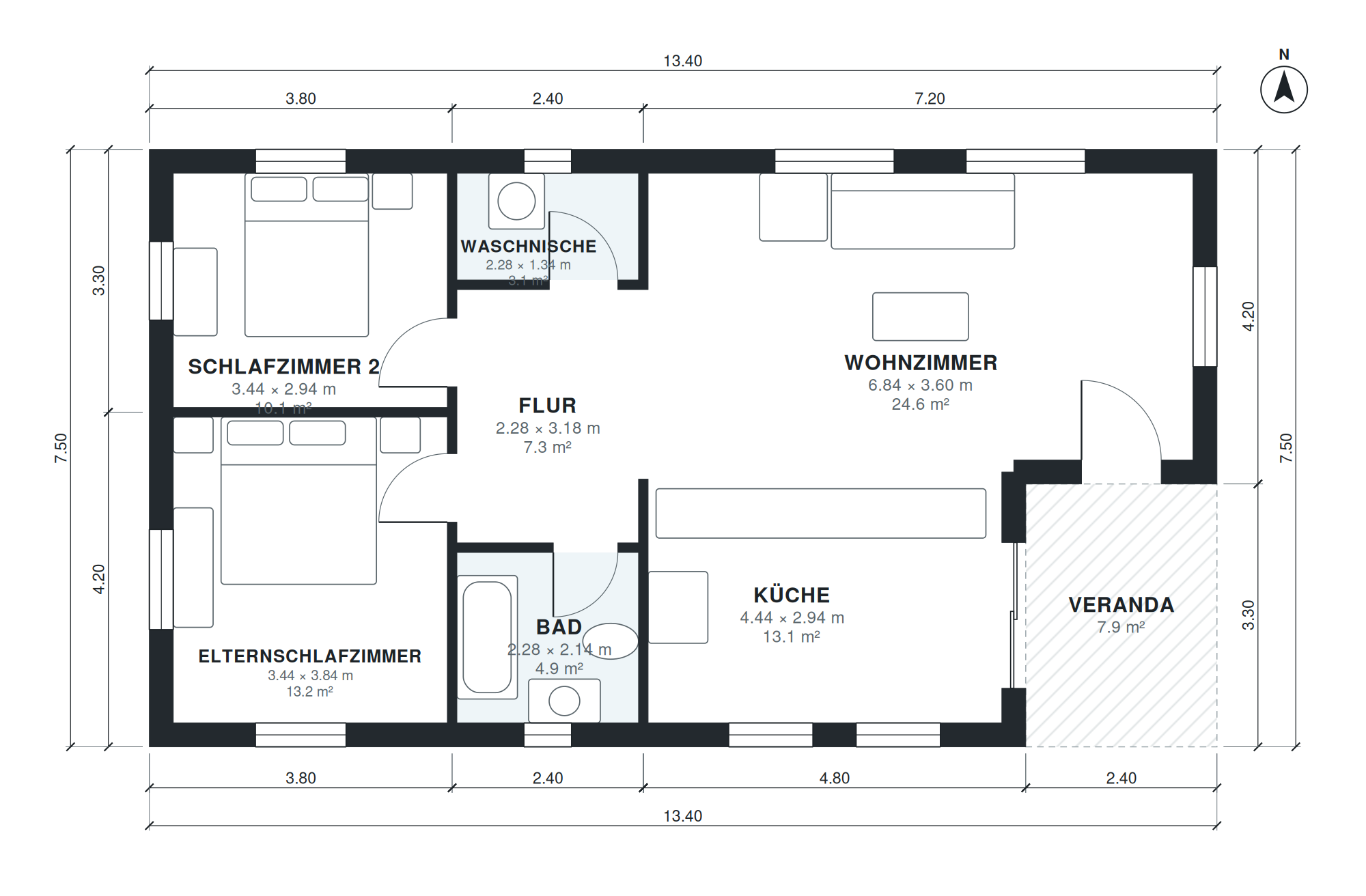 Grundriss Bungalow 3 Zimmer, 93 m² (13,4 × 7,5 m)