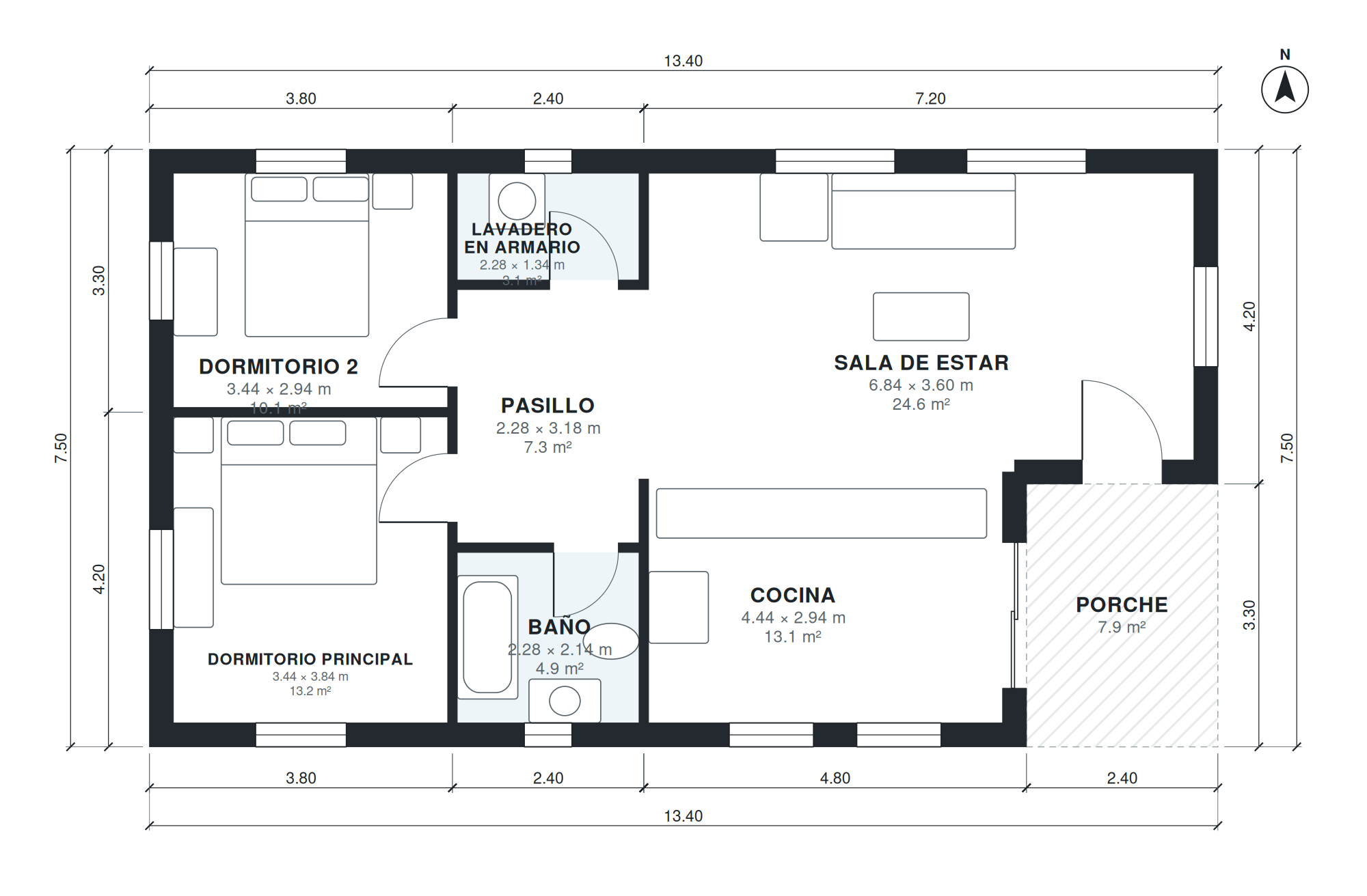 Plano de casa de 2 dormitorios 93 m2 de una planta (13,4 × 7,5 m)