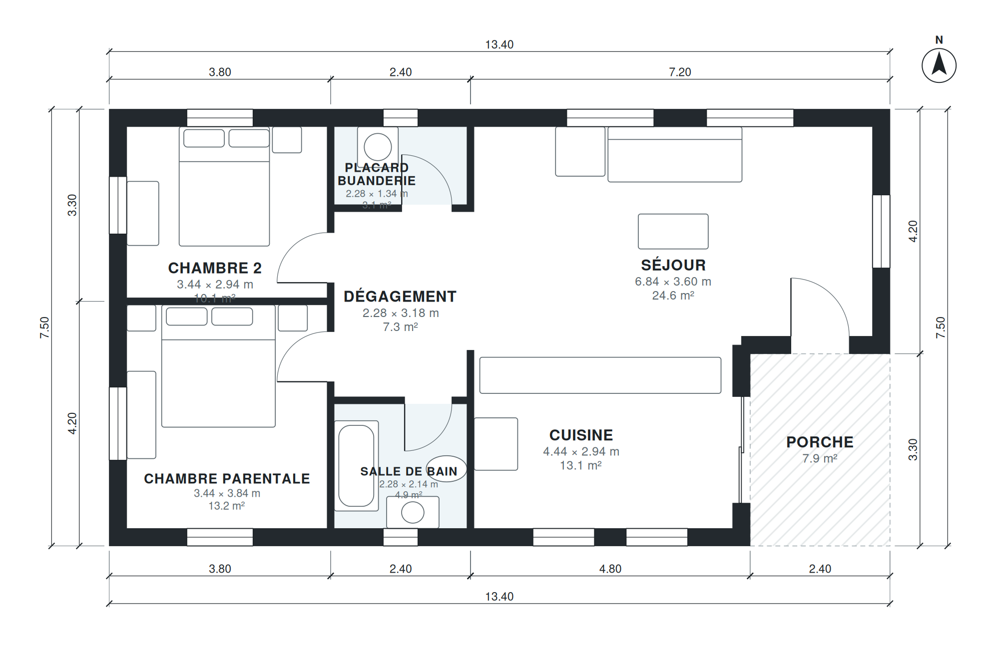 Plan maison 2 chambres 93 m2 plain-pied (13,4 × 7,5 m)