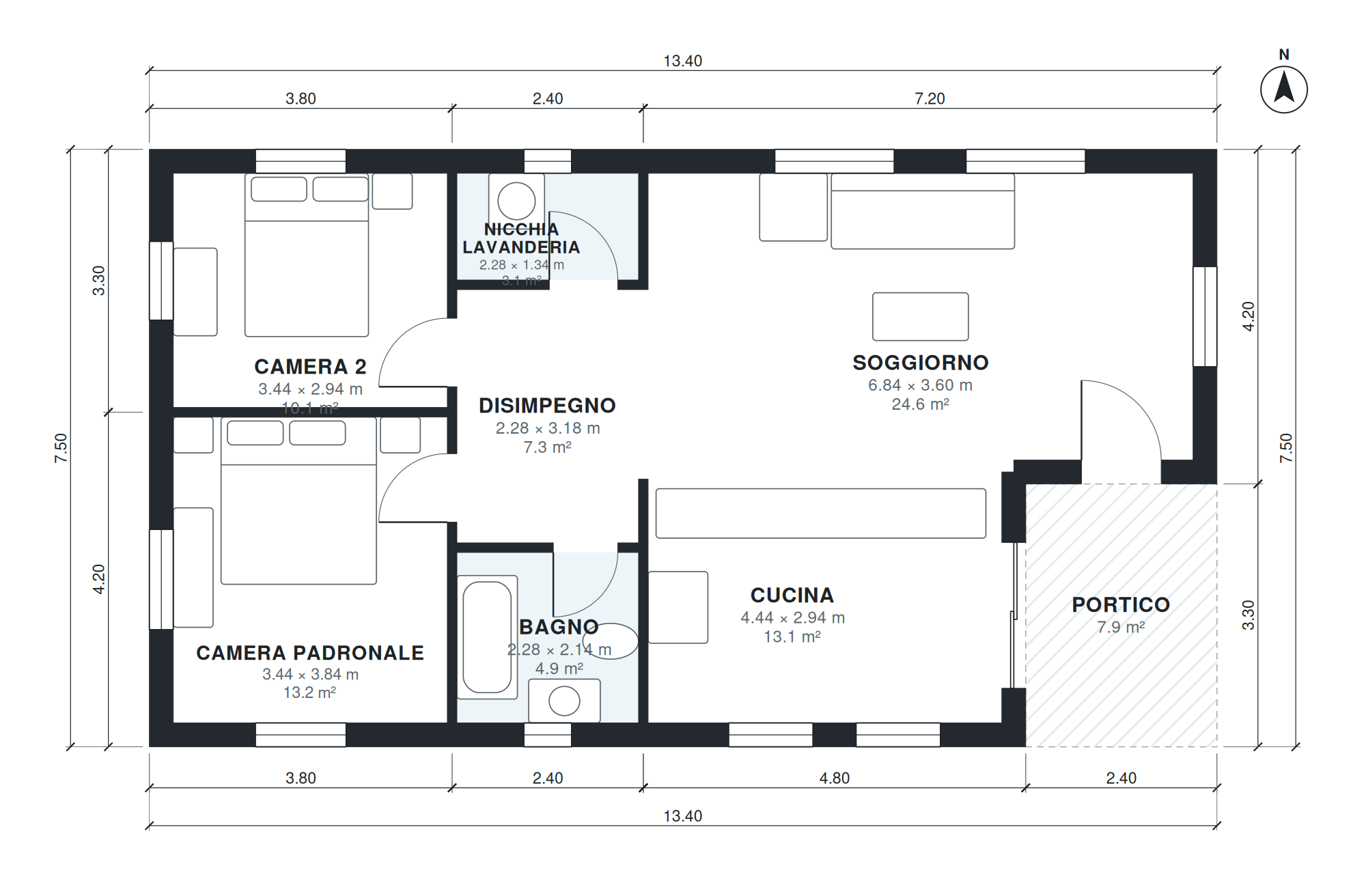 Pianta casa 2 camere 93 mq su un piano (13,4 × 7,5 m)