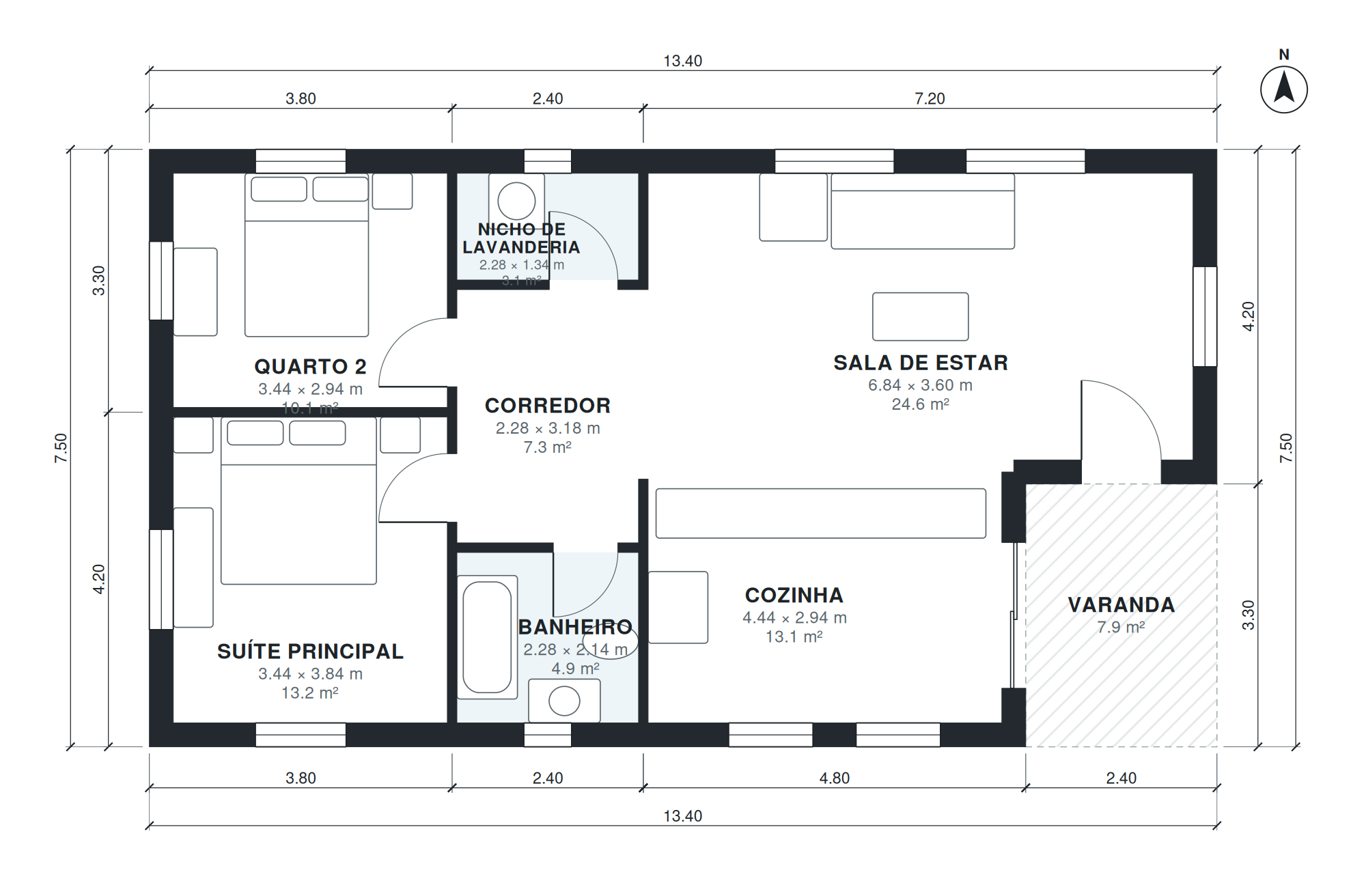 Planta de casa com 2 quartos 93 m2 térrea (13,4 × 7,5 m)