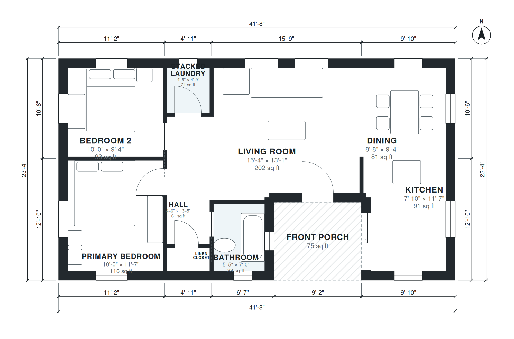 single-storey 2-bedroom floor plan, about 895 sq ft, generated by AI from the brief "Small efficient house, 2 bedrooms, 1 bath, open kitchen and living, stacked laundry, front porch, about 900 sq ft." with labeled rooms, room sizes, doors, windows and overall dimensions