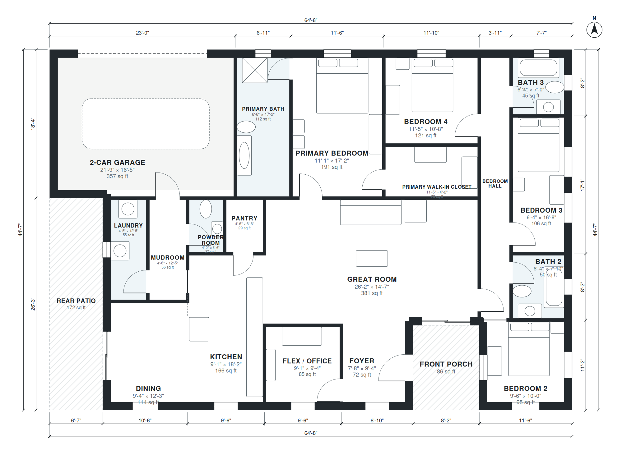 Split bedroom floor plan with dimensions