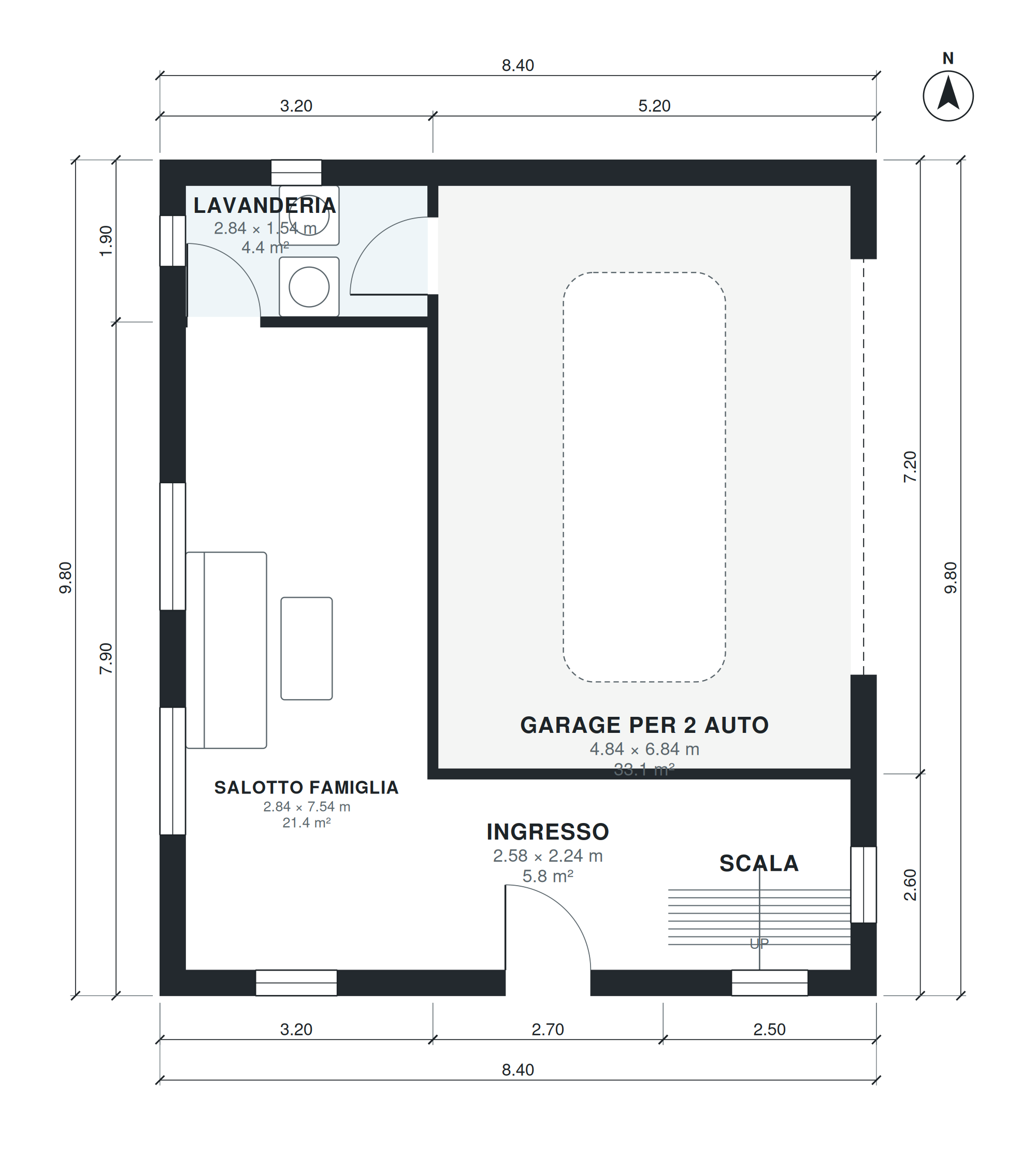 Pianta casa 3 camere 182 mq su due piani con garage (Piano 1)