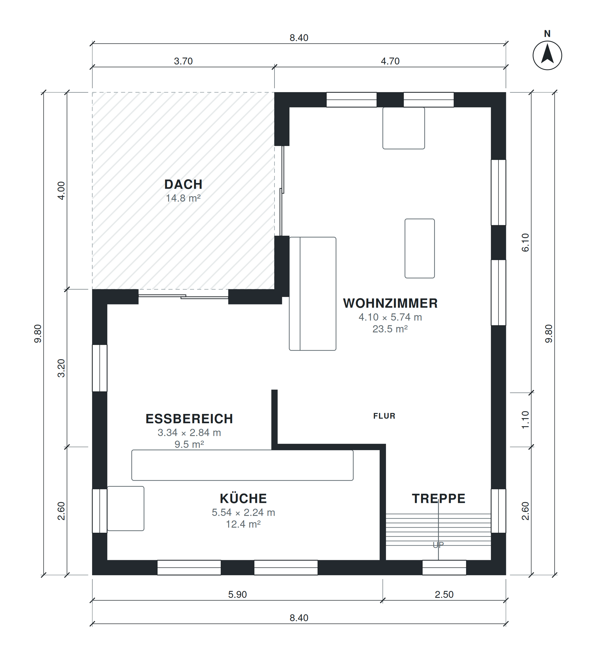 Grundriss Einfamilienhaus 5 Zimmer, 182 m², zweigeschossig mit Garage (8,4 × 9,8 m) (Geschoss 2)