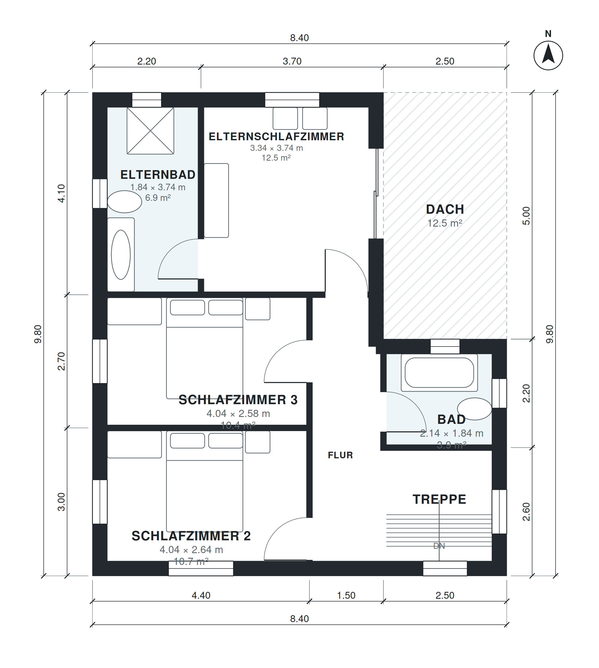Grundriss Einfamilienhaus 5 Zimmer, 182 m², zweigeschossig mit Garage (8,4 × 9,8 m) (Geschoss 3)