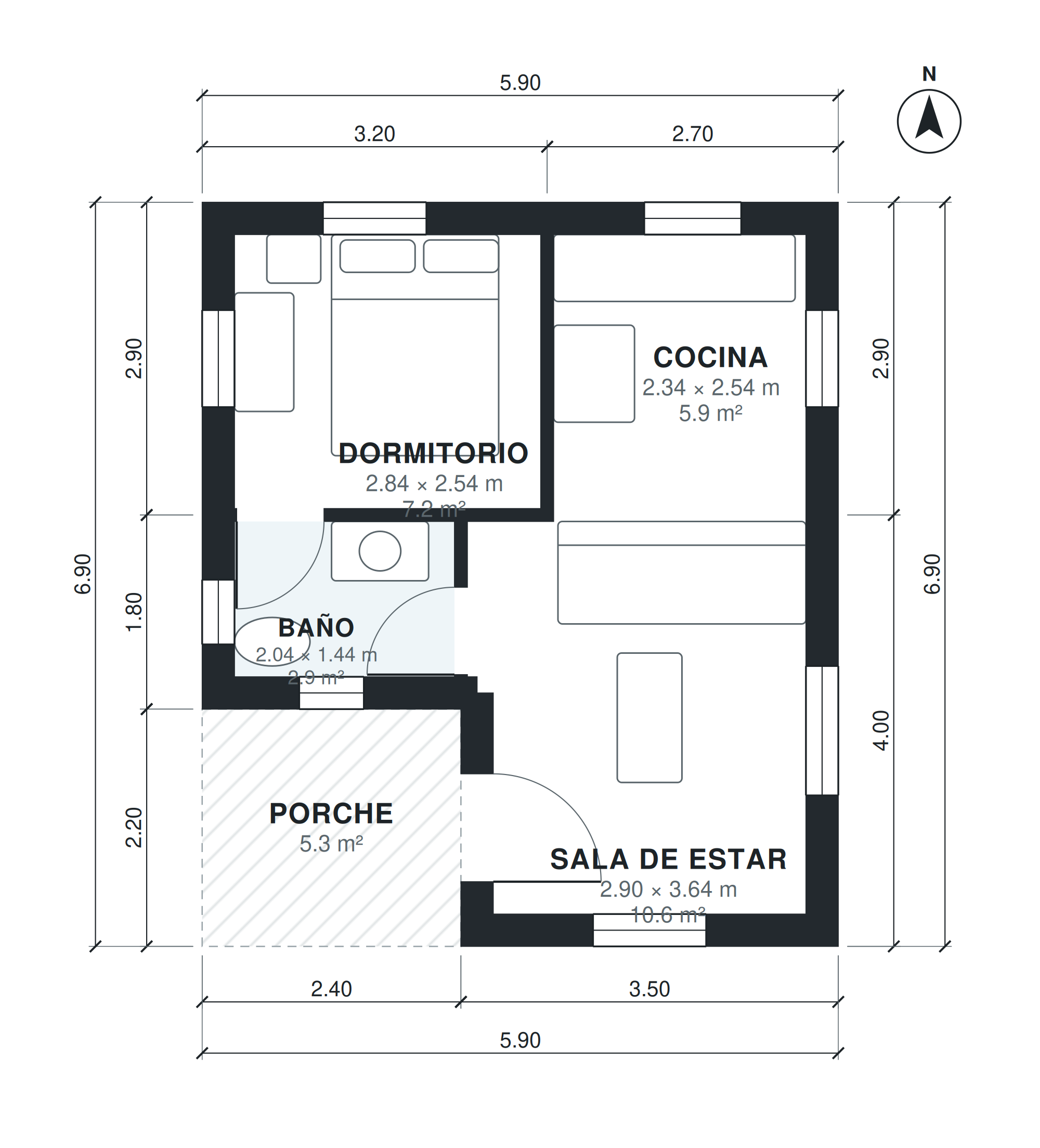 Plano de tiny house de 1 dormitorio 35 m2 de una planta