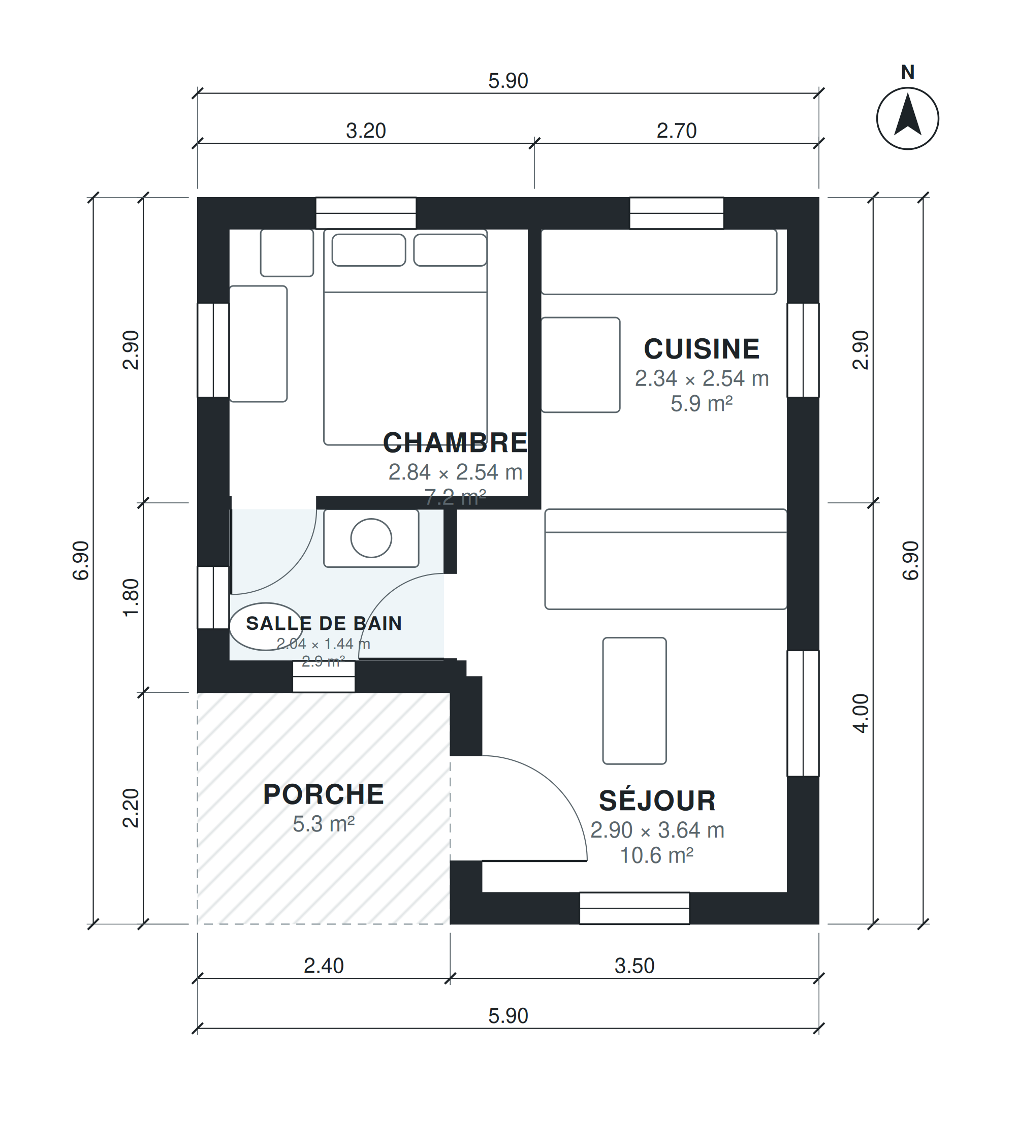 Plan tiny house 1 chambre 35 m2 plain-pied