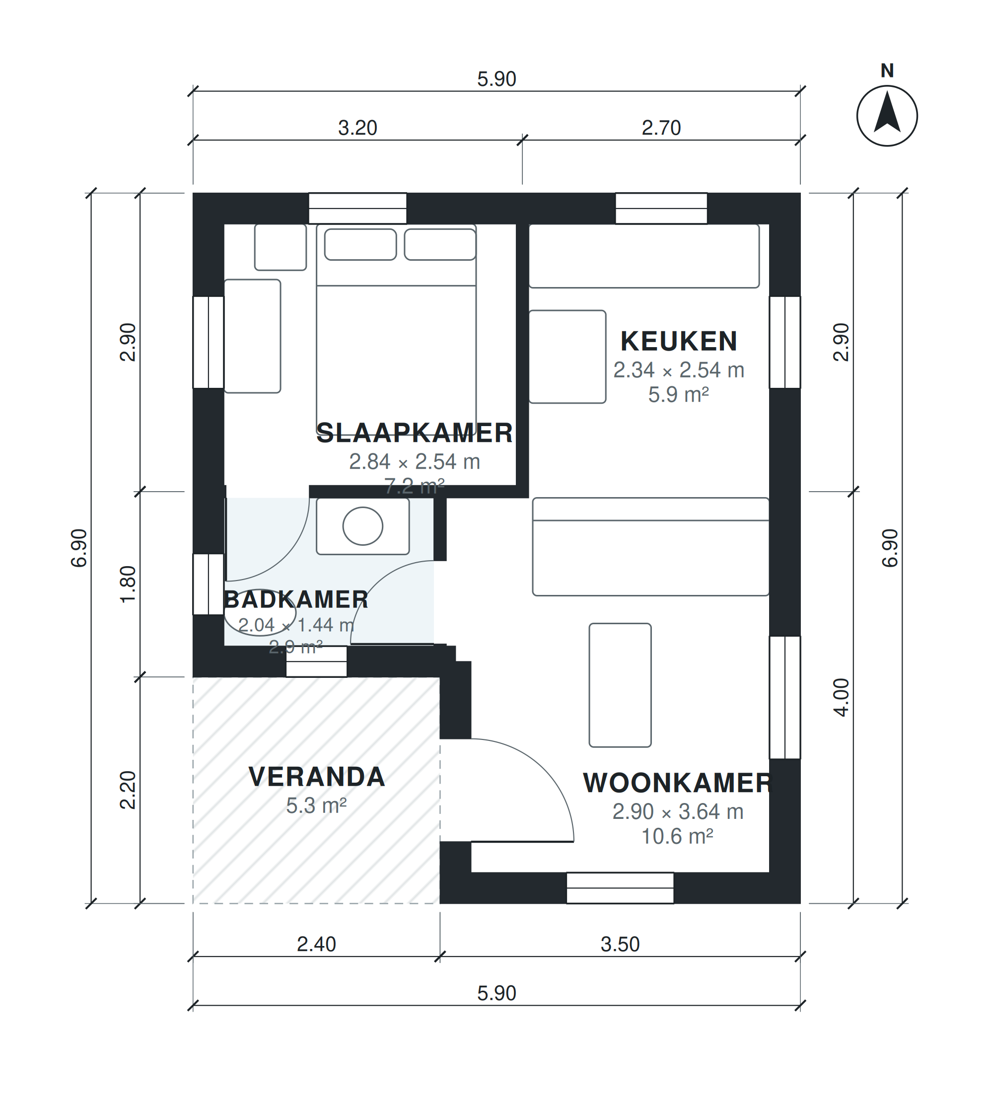 Plattegrond tiny house 1 slaapkamer 35 m2 gelijkvloers