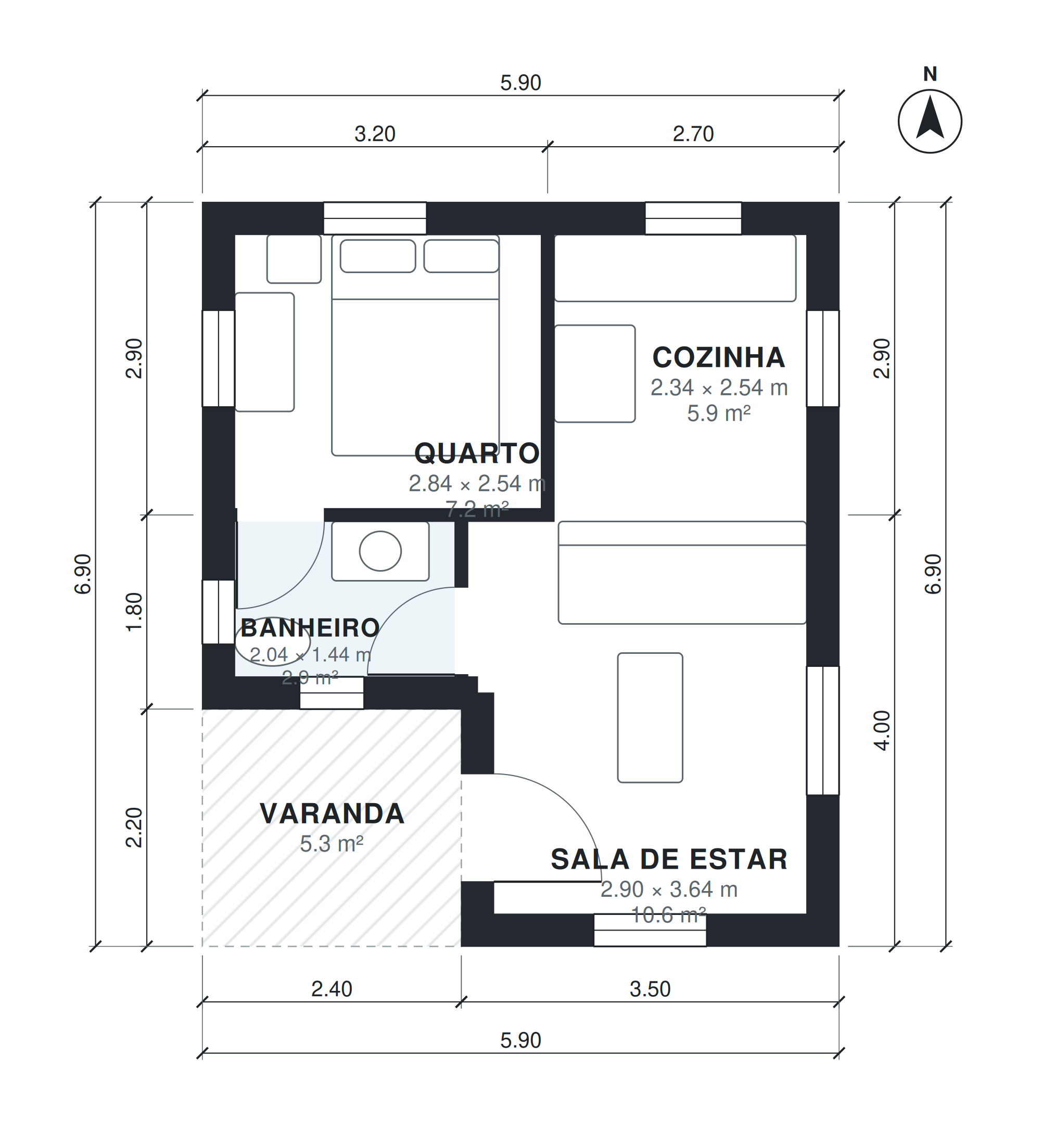 Planta de tiny house com 1 quarto 35 m2 térrea