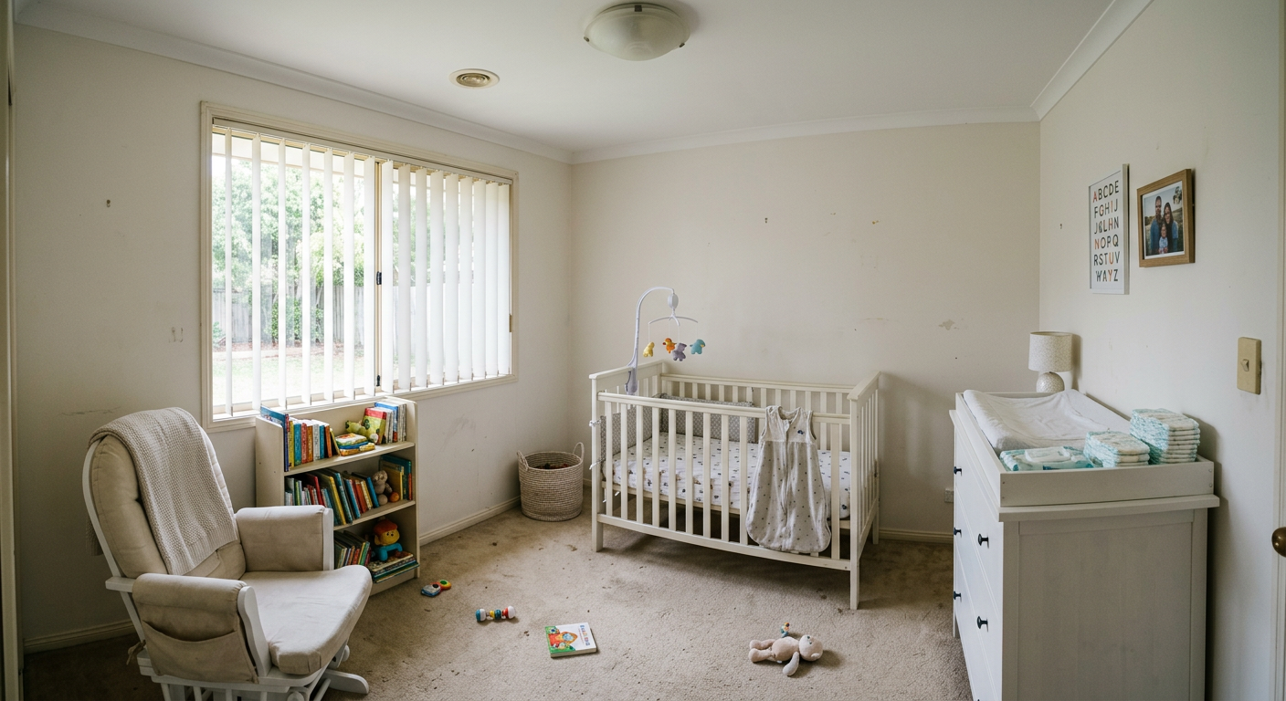 Standard, cluttered nursery room before AI Asian style redesign