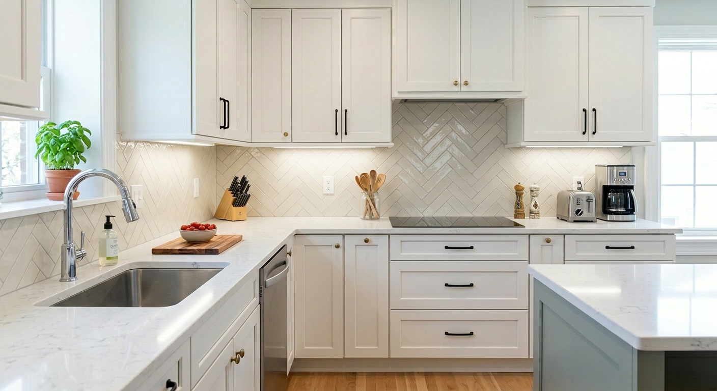 Upgraded kitchen interior featuring a luxurious seamless marble backsplash visualized by AI