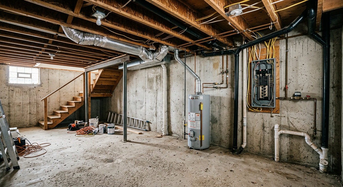 Unfinished basement showing exposed wooden framing studs, bare concrete floors, and raw structural elements before remodeling
