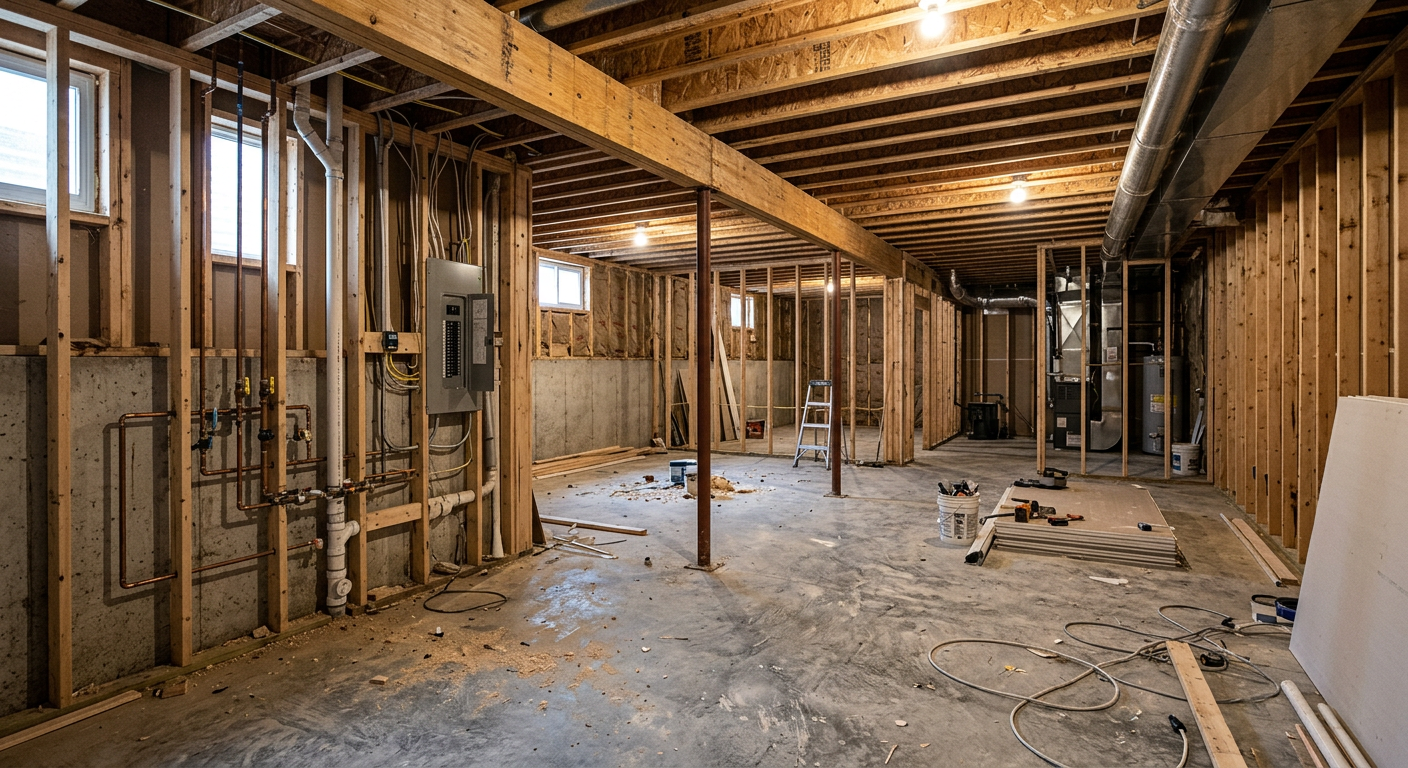 Unfinished basement with exposed concrete blocks, wooden floor joists, and visible plumbing