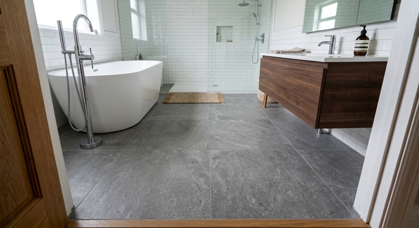 AI generated visualization of new hexagon bathroom floor tiles in the same space