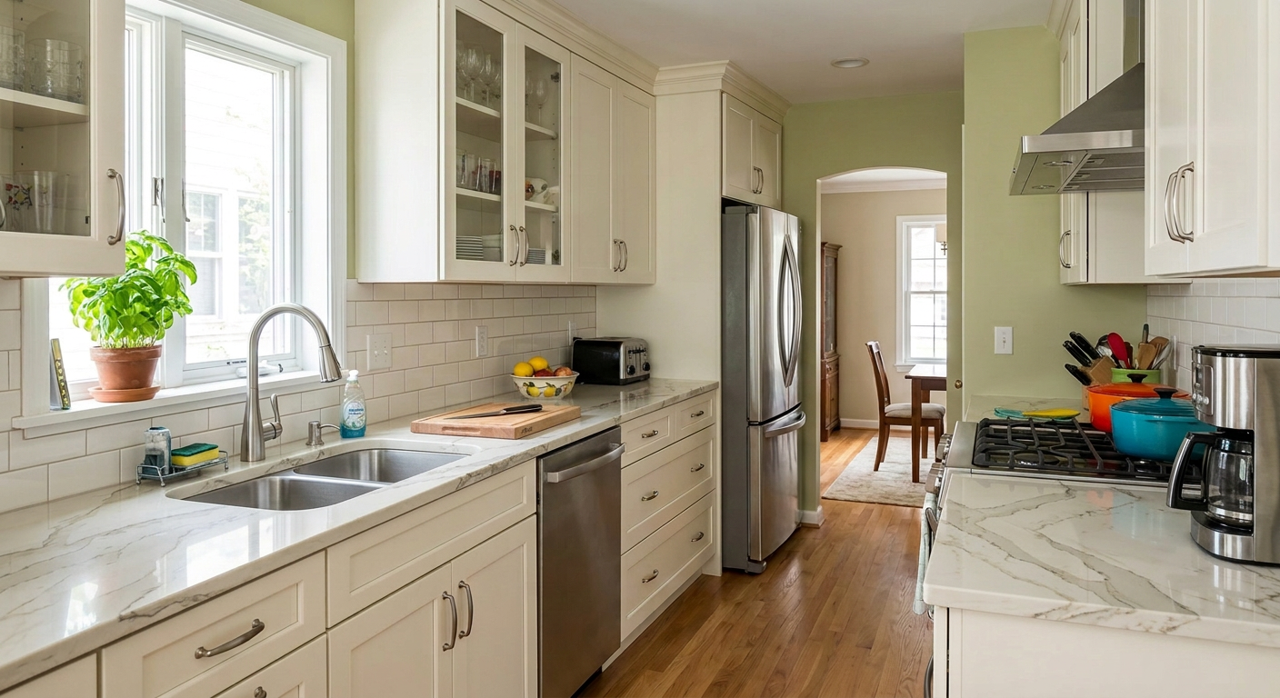 Kitchen after AI generated modern marble countertop remodel