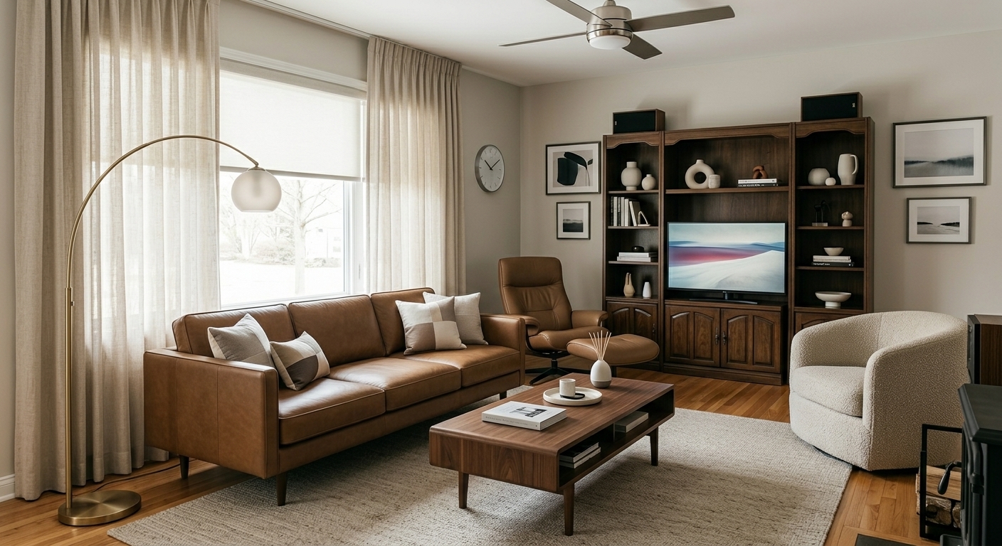 A beautifully modernized living room with sleek contemporary furniture, abundant natural light, and a cohesive neutral color palette.