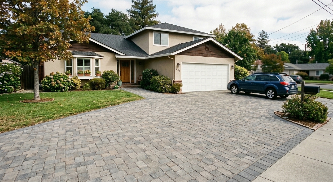 AI generated new driveway using premium materials and lighting