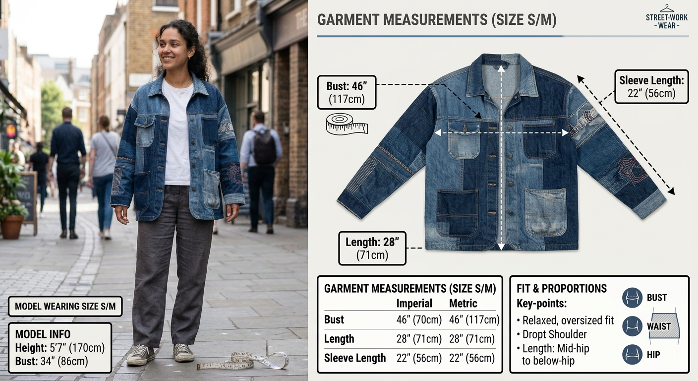 Professional, AI-generated visual size guide showing accurate garment measurements