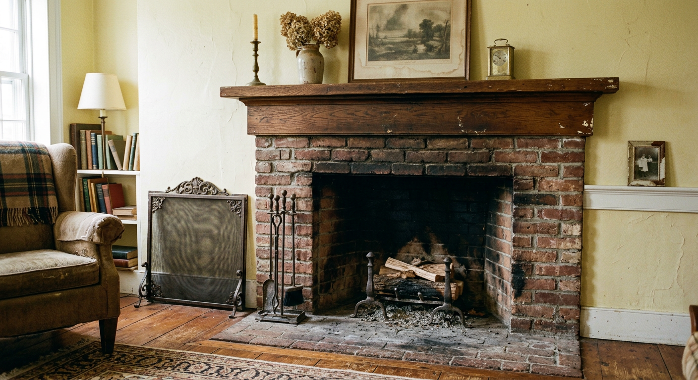 Before: Outdated and dated fireplace surround