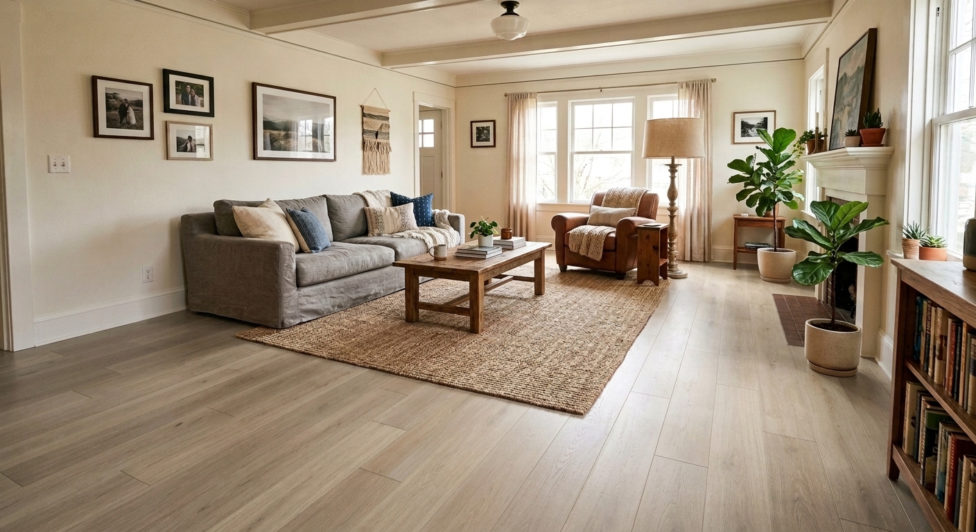 The same room dynamically updated with photorealistic wide-plank hardwood flooring via AI-Architectures