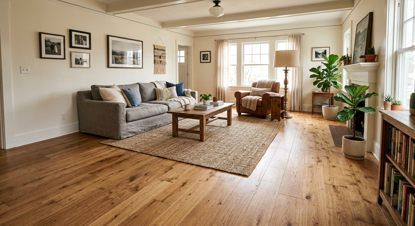 A room with outdated, worn flooring before AI architectural visualization