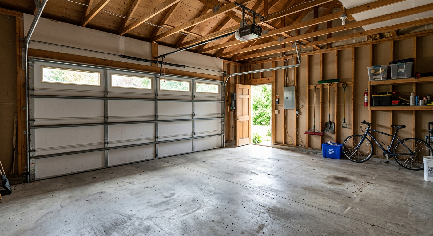 Empty, unfinished concrete garage before AI conversion visualization