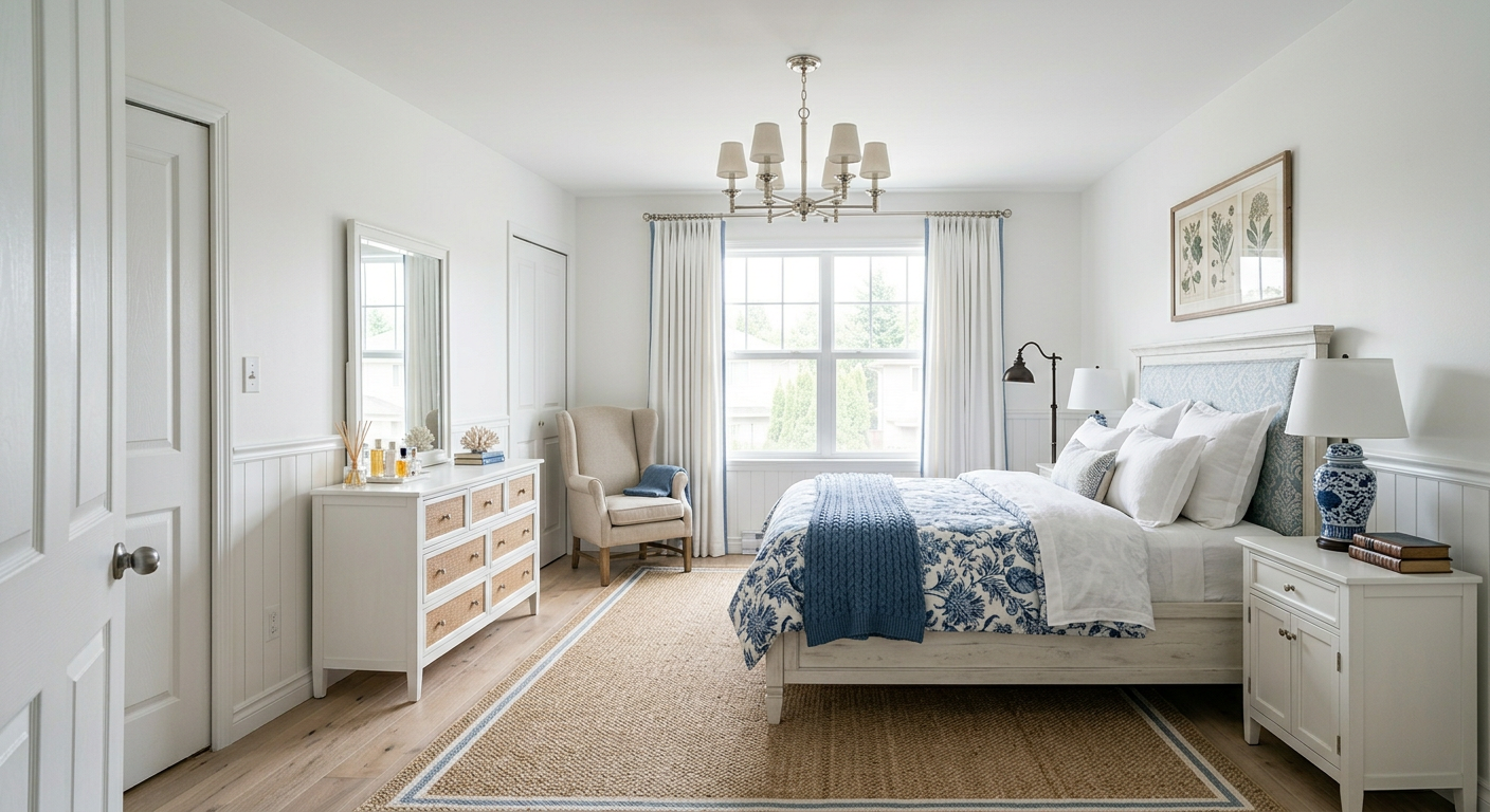 Luxurious Hamptons style bedroom rendered by AI-Architectures