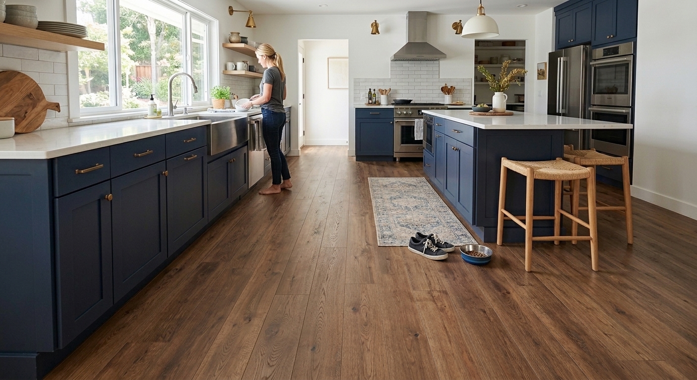 AI generated kitchen after installing new modern tile flooring