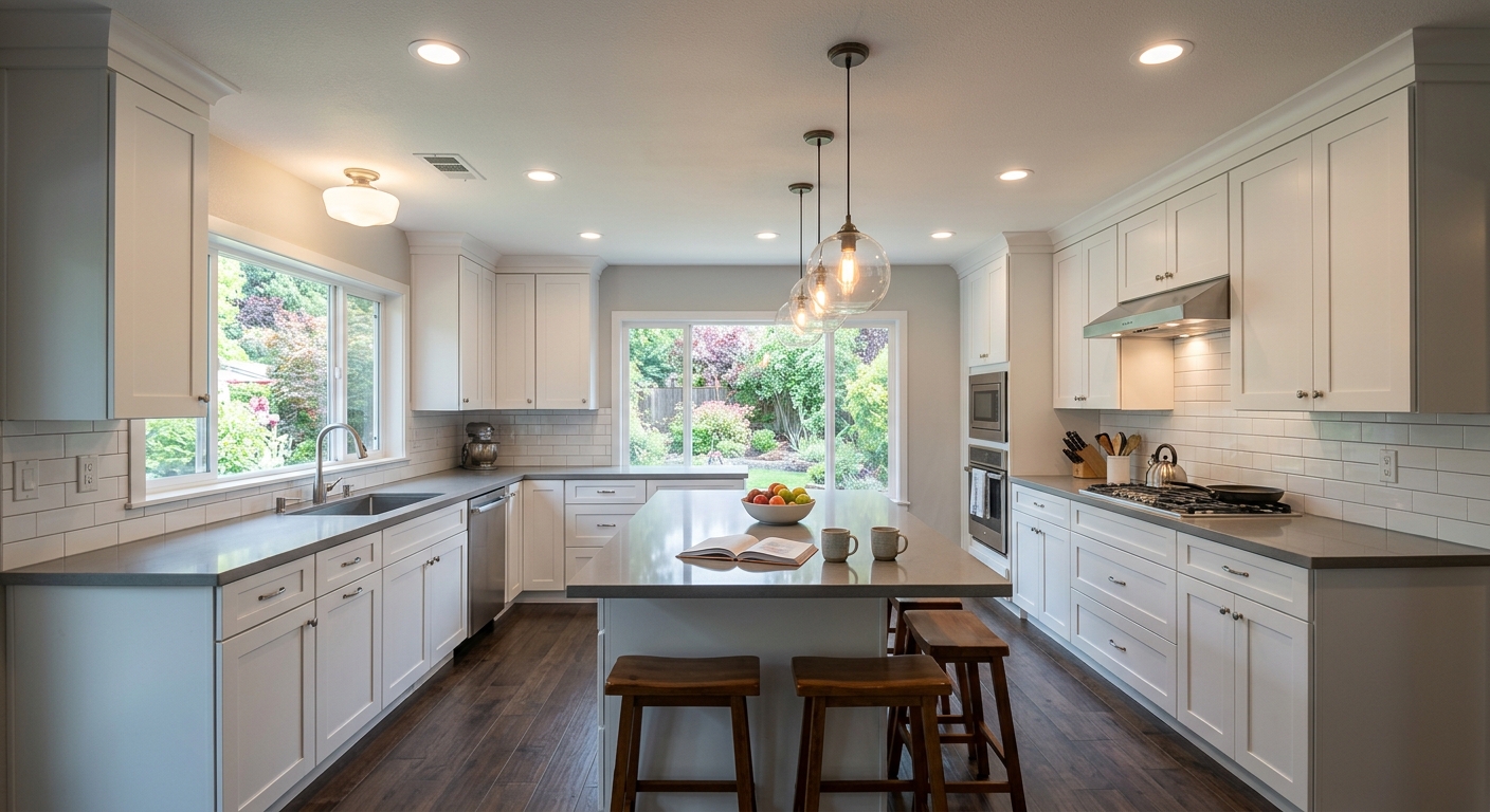 Kitchen before advanced lighting design with flat shadows