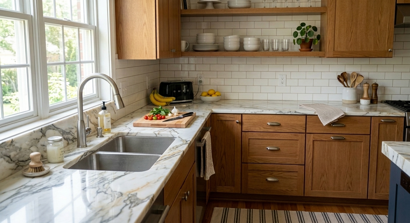 Luxurious AI visualized kitchen featuring Calacatta marble countertops and backsplash