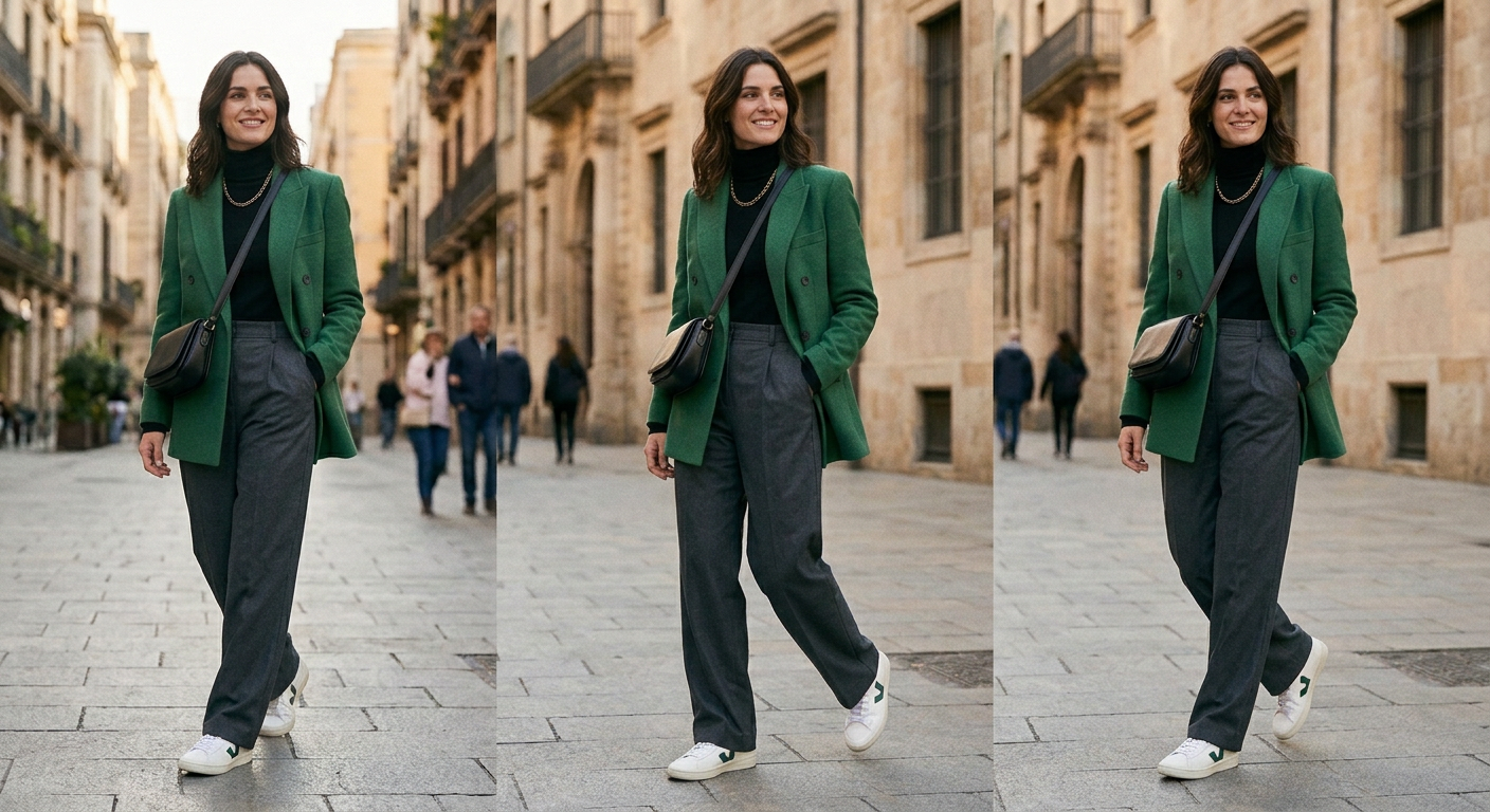 The same outfit instantly generated into a highly dynamic, editorial model pose with perfect fabric physics using 4fashionai.com AI