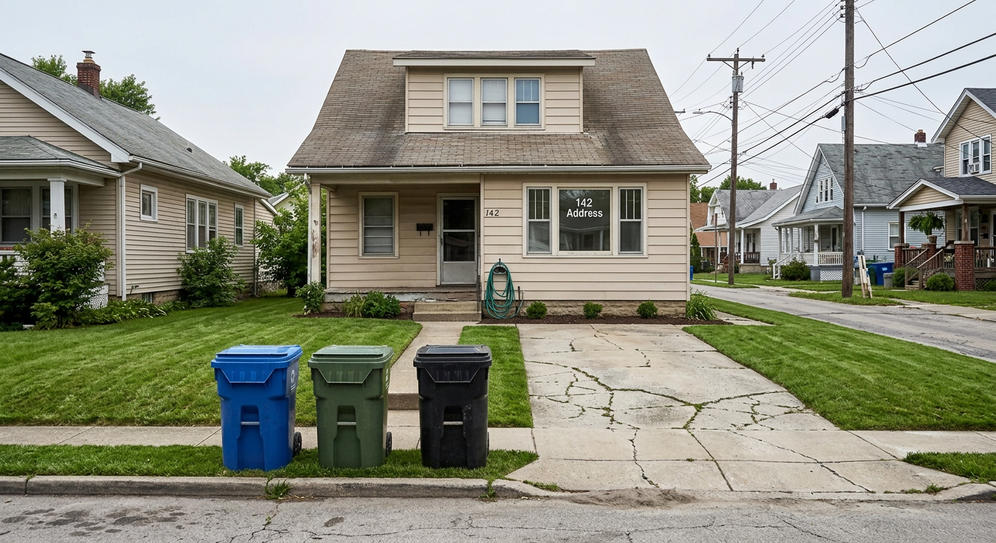 Real estate property photo after AI object removal with a clear sky, empty driveway, and no trash