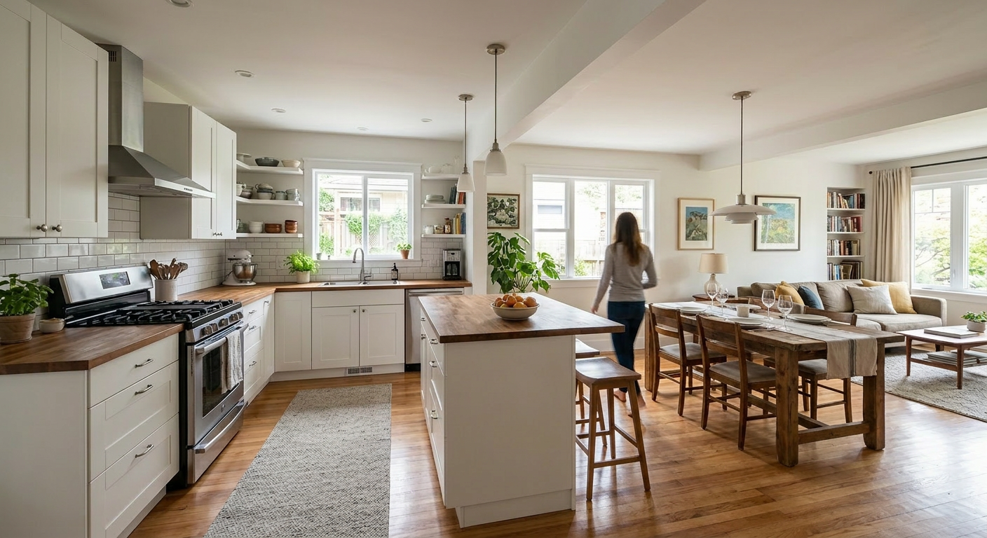 Modern open concept kitchen and living area visualized after wall removal - After Renovation