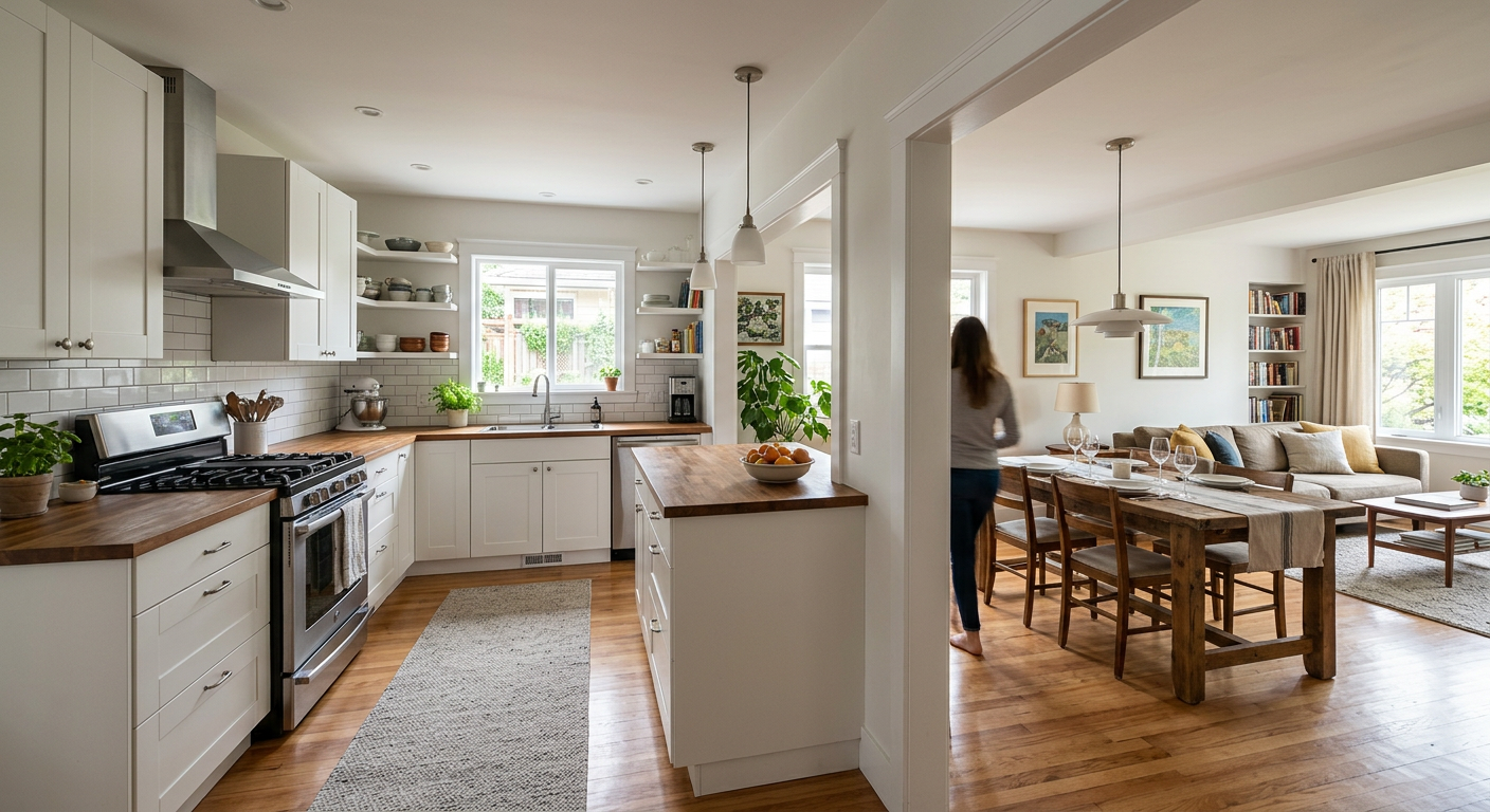 Traditional enclosed kitchen with a dividing wall separating it from the living area - Before Renovation