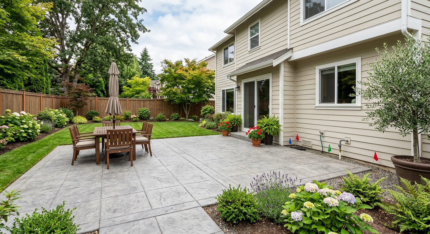 Empty backyard patio before outdoor kitchen addition