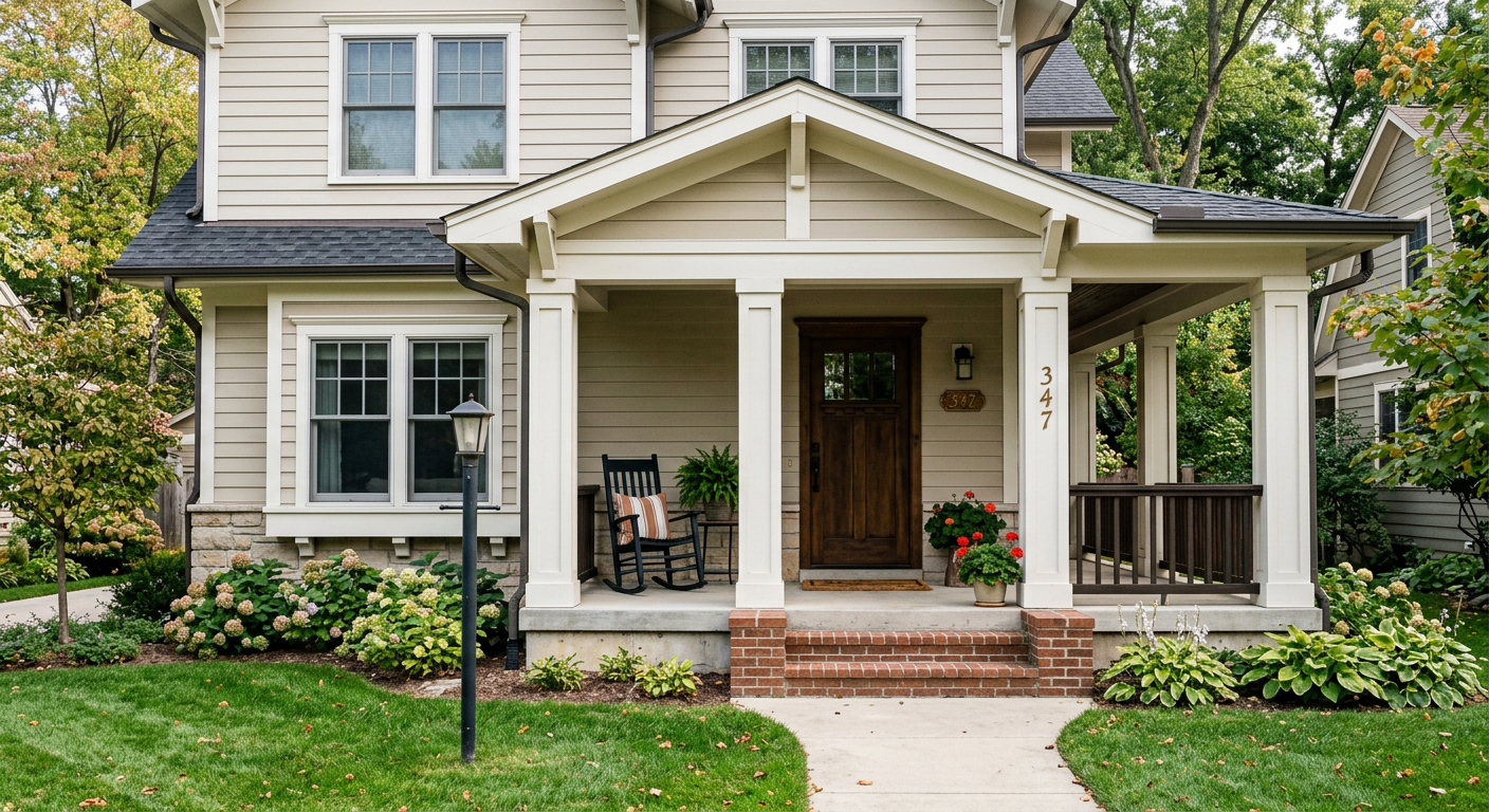 Plain front porch with thin, uninspired structural columns lacking curb appeal
