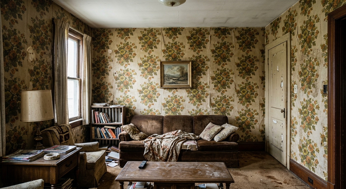 Dated interior showing ugly, highly personalized wallpaper that deters potential real estate buyers